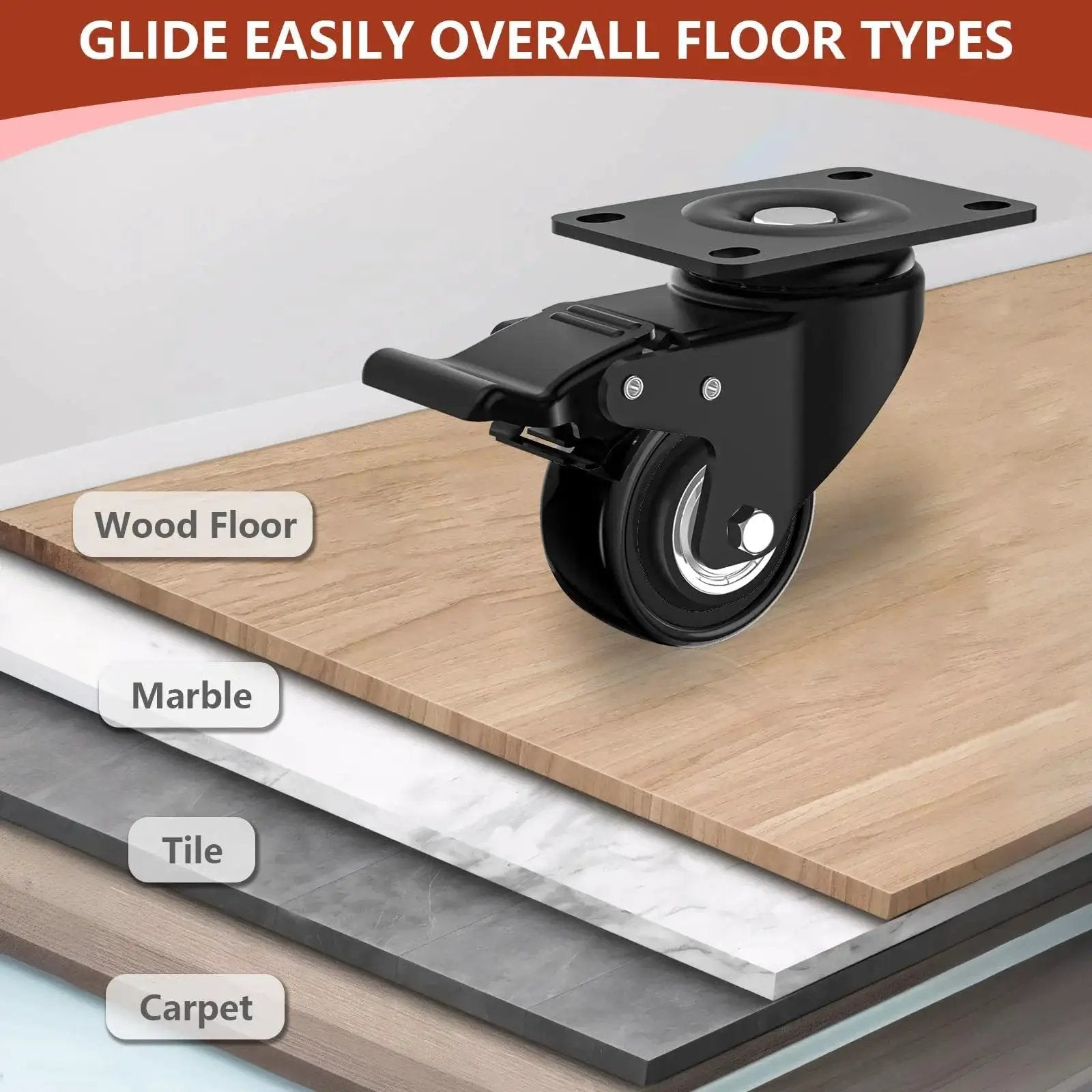 Two Inch Heavy Duty Caster Wheel with Brake on Wooden Surface, Swivel Top Plate, Shows Compatibility with Floors like Marble, Tile, Carpet