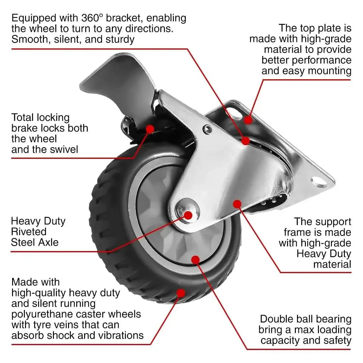 4 Pack Heavy Duty All Terrain Caster Wheels 360 Degree Swivel With Dual Locking Brake, 4 Inch Grey PU Tyre, Side View