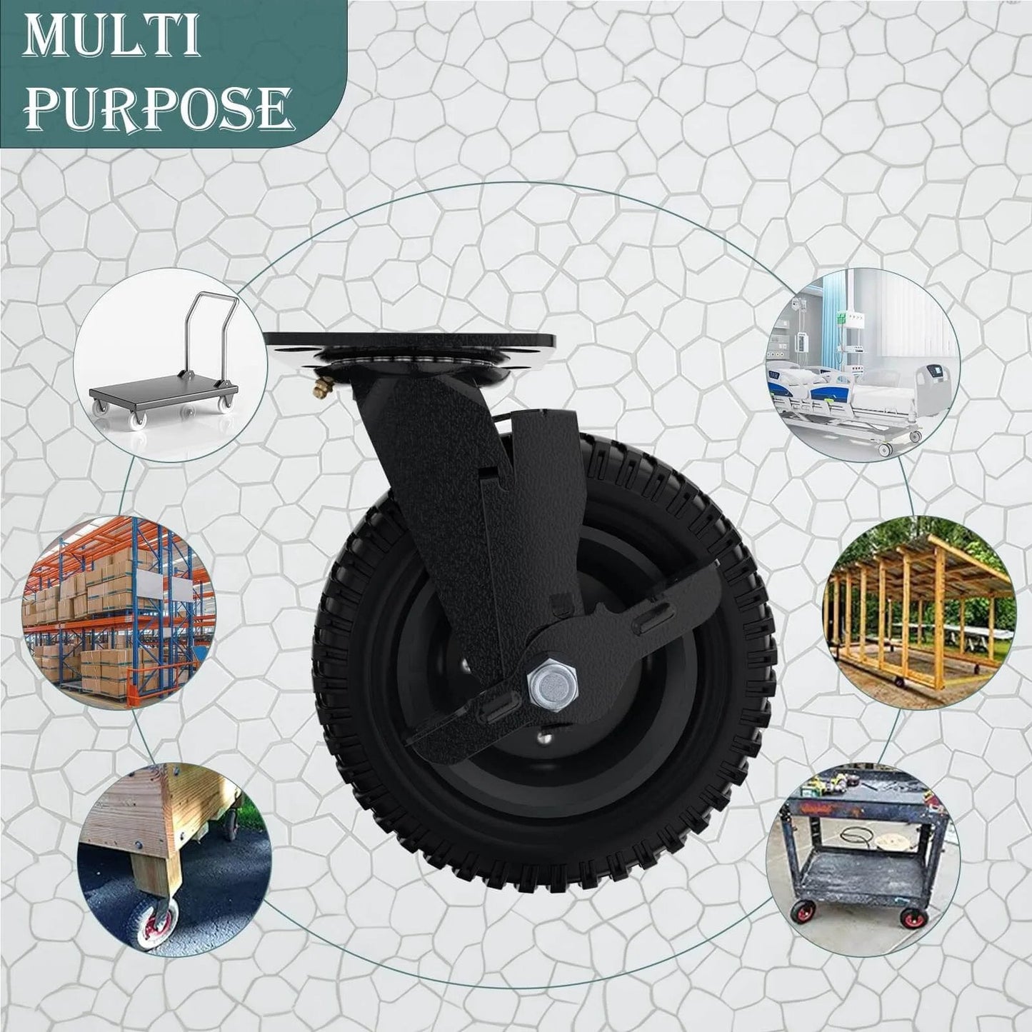 6 inch heavy duty caster wheels set of 4 showing swivel brake; ideal for flat carts, dolly, trolley, and chicken coop use
