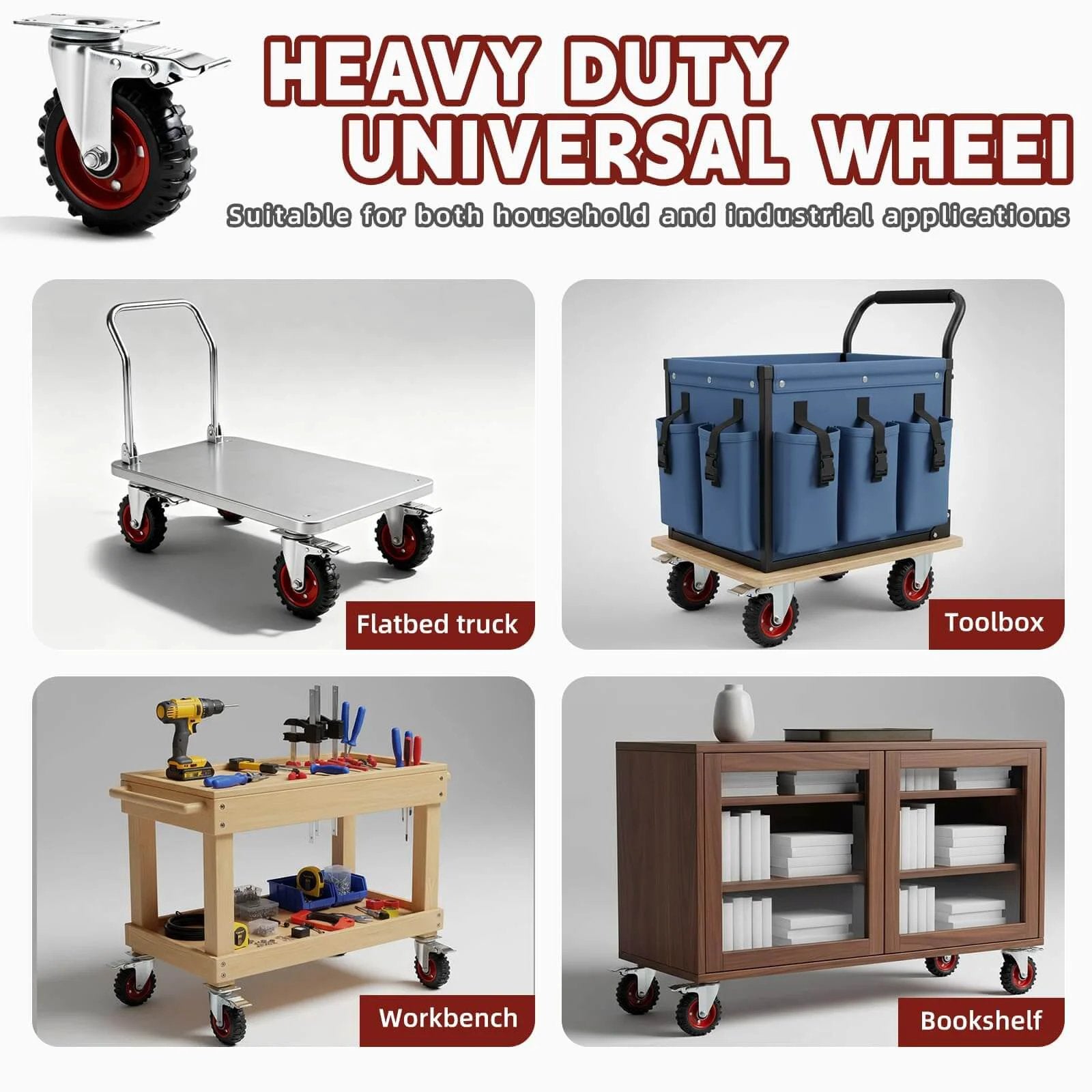 5 Inch Heavy Duty Caster Wheels with Dual Lock Safety Brake on flatbed, toolbox, workbench, and bookshelf