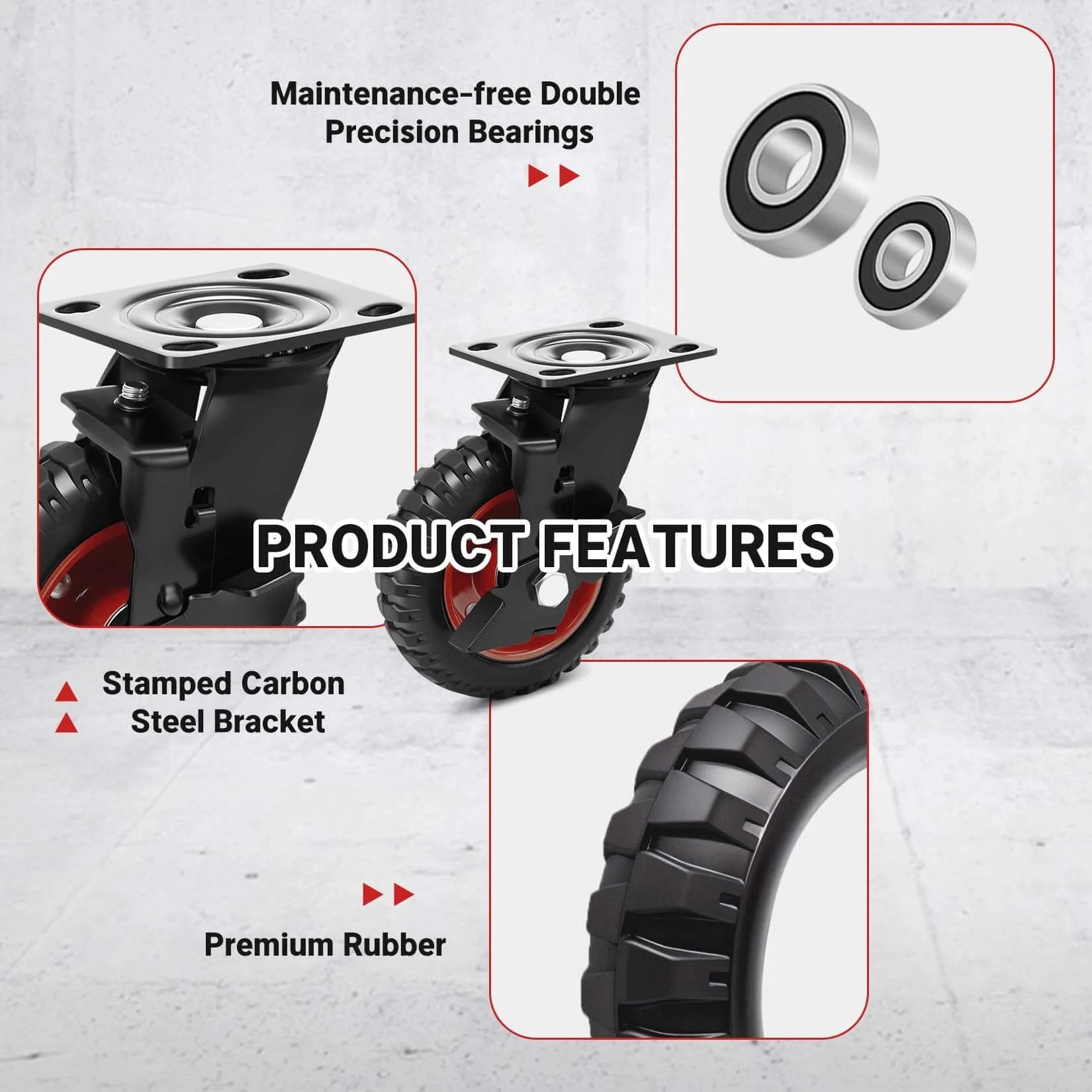 Features of 6 Inch Outdoor Heavy Duty Caster Wheels Set of 4 with Brakes, showing steel bracket, rubber, and precision bearings