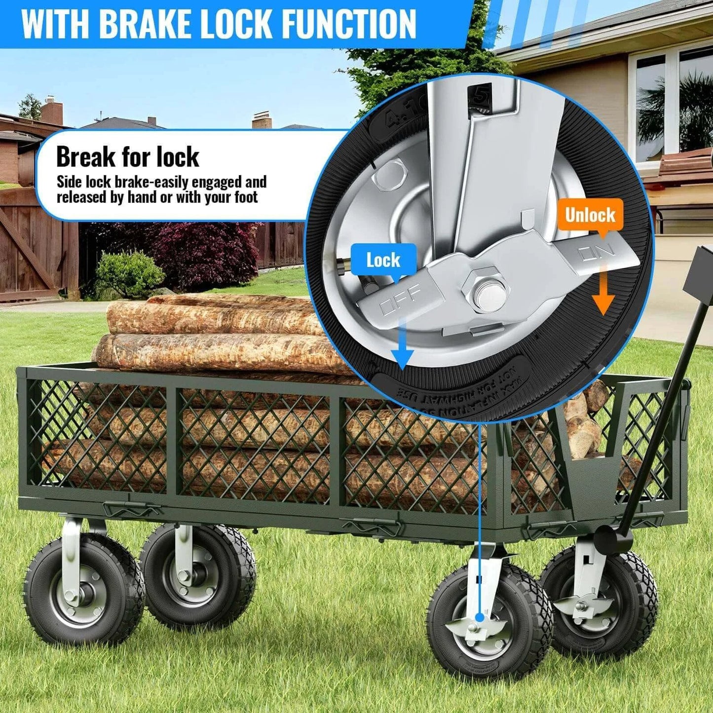 8 inch heavy duty caster wheels with brakes set of 4, locking swivel plate shown on wagon with brake function detail.