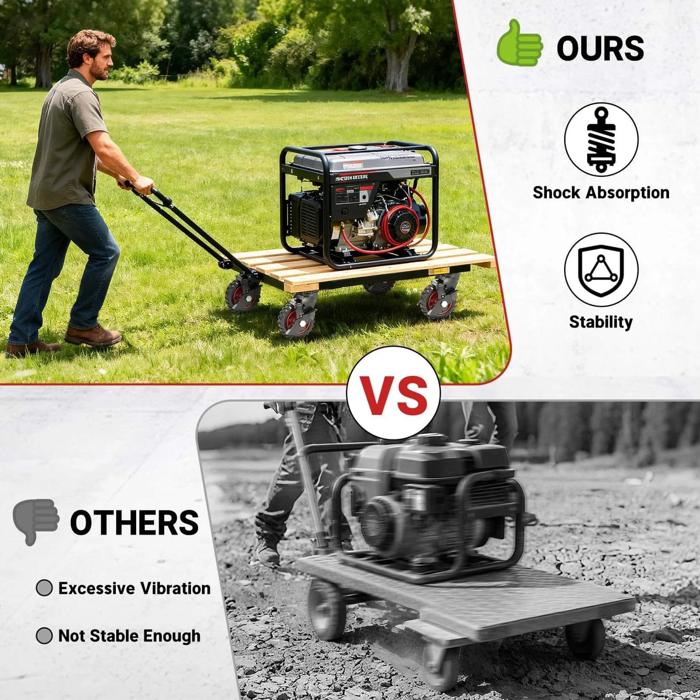 Comparison of 5 Inch Outdoor Heavy Duty Caster Wheels Set on grassy surface vs. others on rocky ground. Focus on stability and shock absorption.