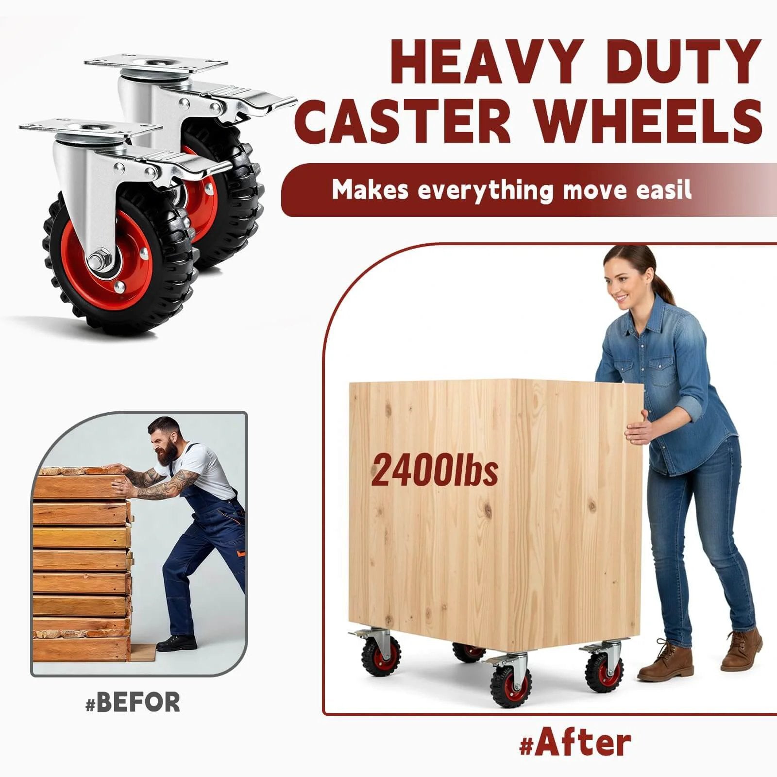 Woman pushing 2400 lbs wooden cart with Heavy Duty Caster Wheels, non marking rubber tires, ideal for workbench and equipment mobility