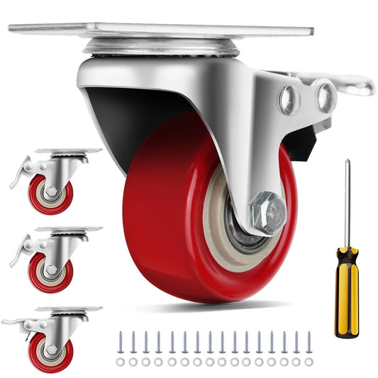 2 Inch Heavy Duty Caster Wheels Set of 4 Swivel Castor Wheels with Dual Locking Brakes, red polyurethane, screws and screwdriver included