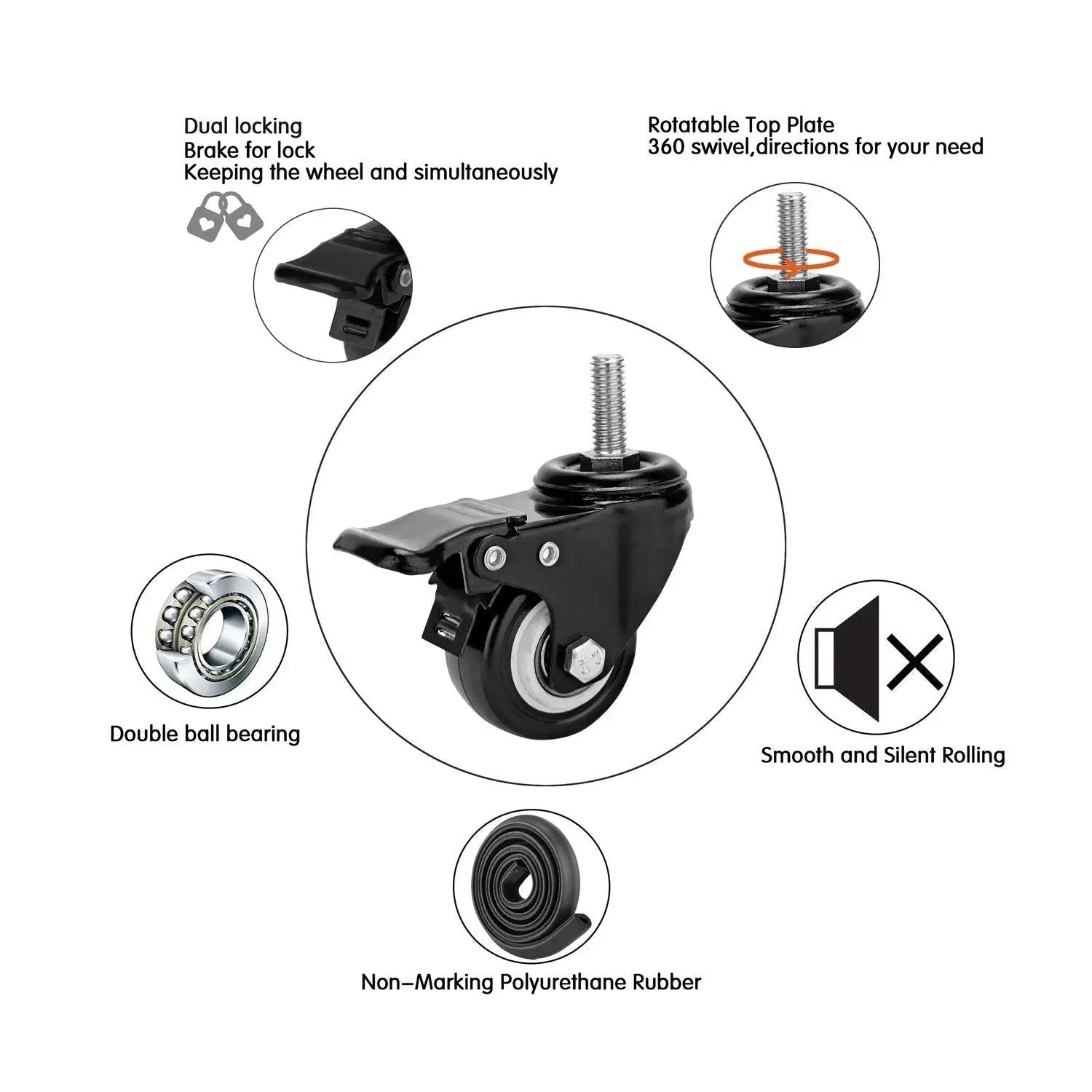 Two Inch Stem Caster Wheels With Safety Dual Locking Brakes Heavy Duty Swivel Casters 600 Pound Capacity Threaded Stem Size Three Eighths By Sixteen By One No Noise Set Of Four For Heavy Duty Trolleys And Equipment Use showing design details.