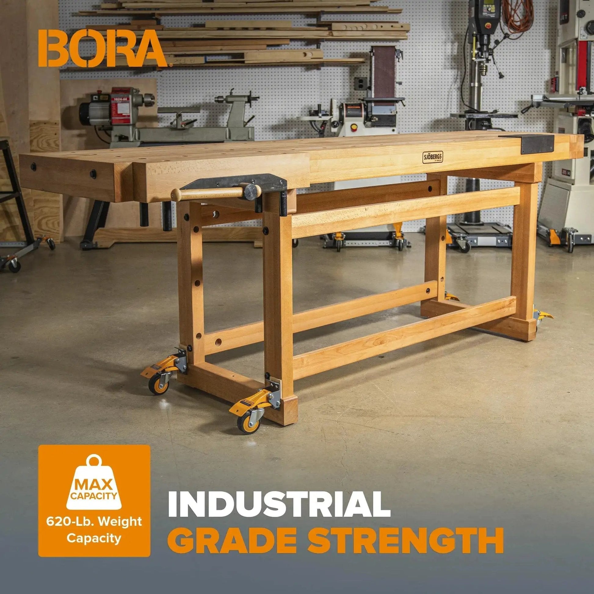 Heavy Duty Four Caster Workbench Mobility Kit With Locking Swivel Wheels And Metal Foot Brakes Non Marking Rubber Three Inch Wheels Each Wheel Supports Up To 155 Pounds Total Weight Capacity 620 Pounds Floor Safe Movement For Heavy Benches.