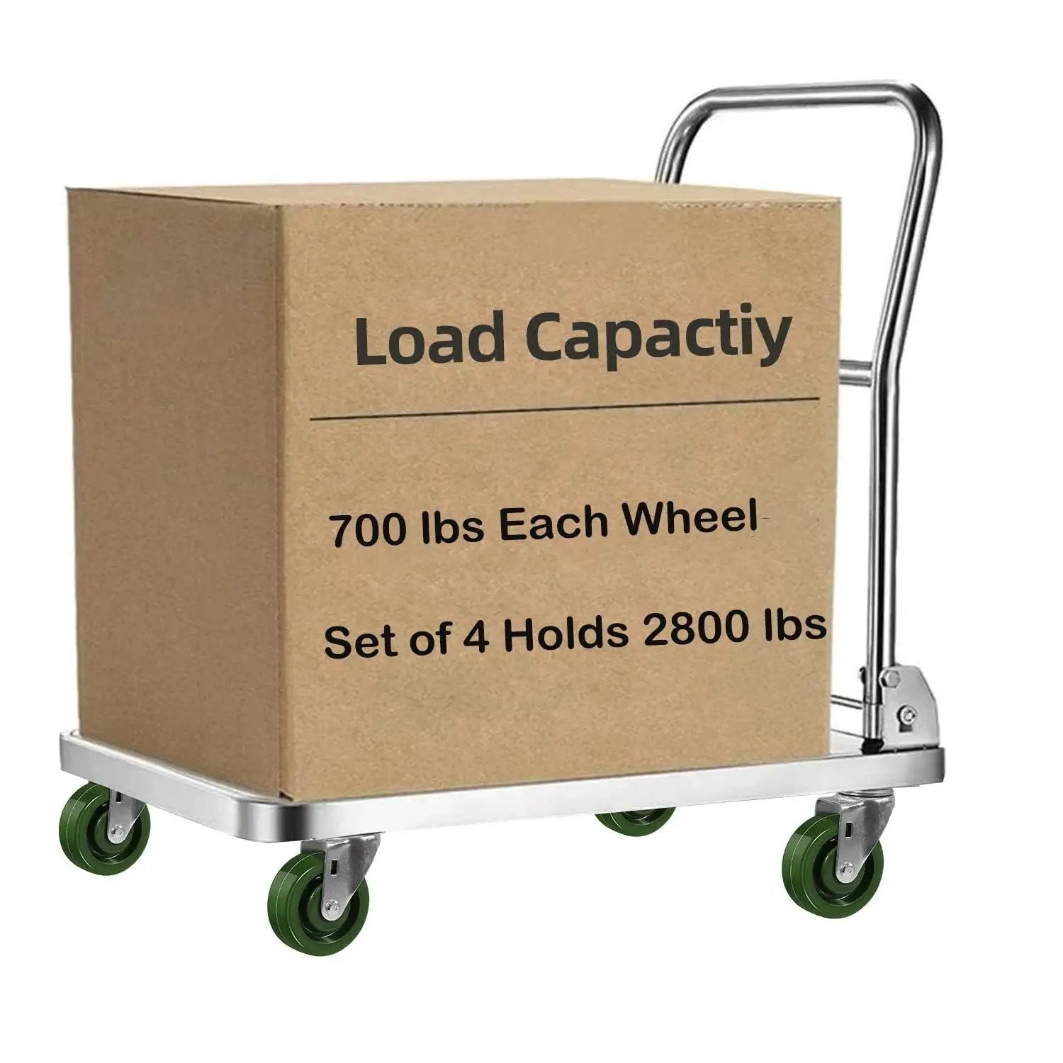 4 Inch By 1.5 Inch Heavy Duty Casters Set Of 4 With 2800 Lb Load Capacity on a cart with green wheels, box showing load capacity.