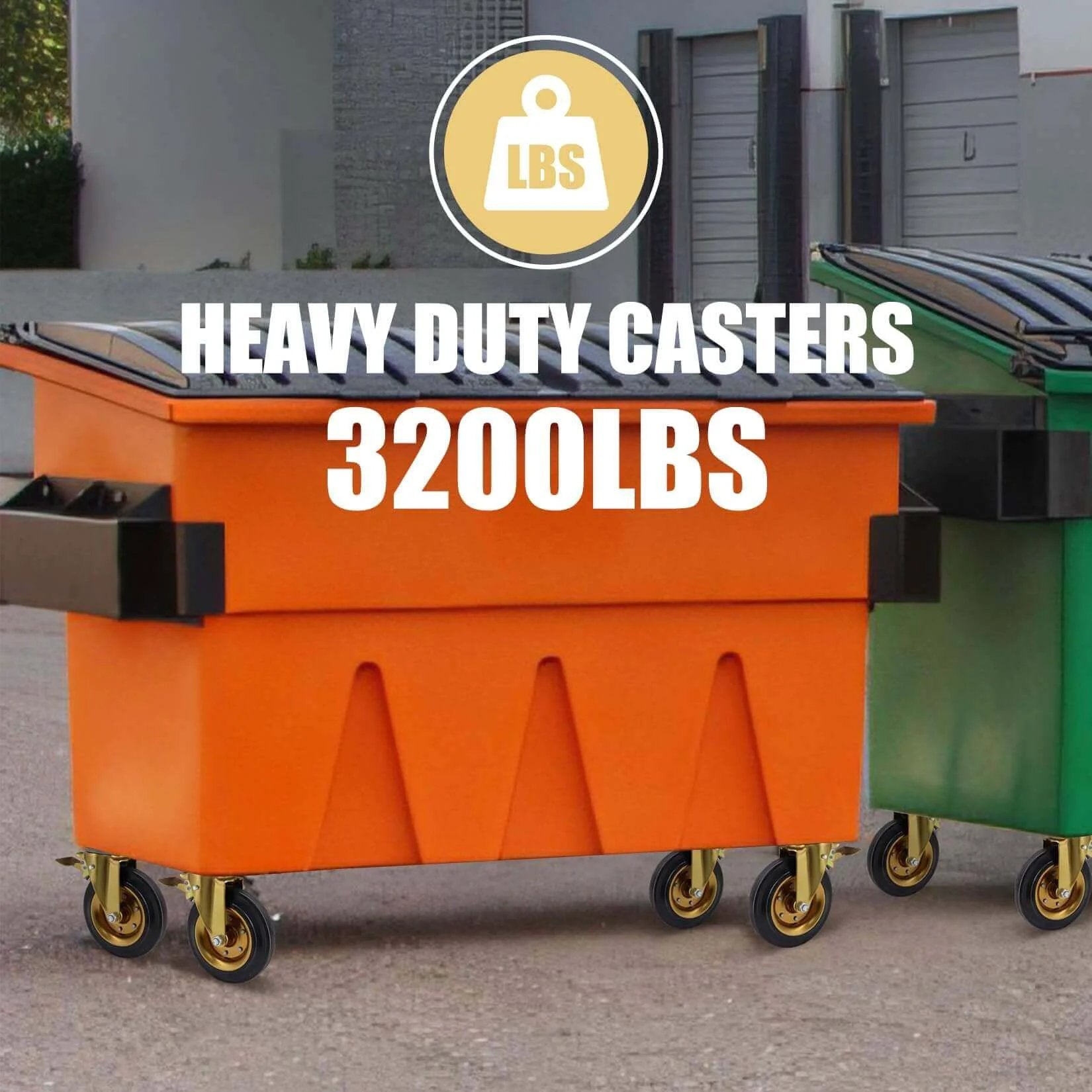 8 inch heavy duty plate casters set of 4 with dual locking brakes, industrial rubber wheels rated 3200 lbs for carts, furniture, workbenches, and outdoor use, includes free spanner on garbage bins.