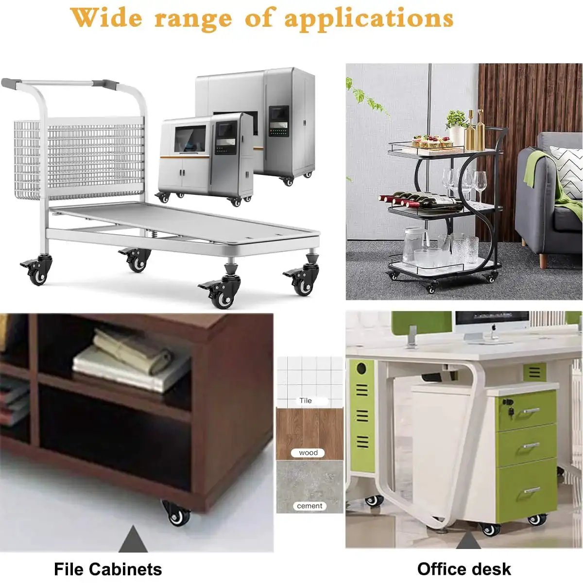 Collage showing various furniture and equipment using 2 Inch Heavy Duty Swivel Stem Casters Set Of 4 With Double Locking Brakes, 600 Lb Capacity, 3/8-16x1 Threaded Stem, Noiseless Industrial Castors For Furniture And Carts, Smooth Glide, Black.
