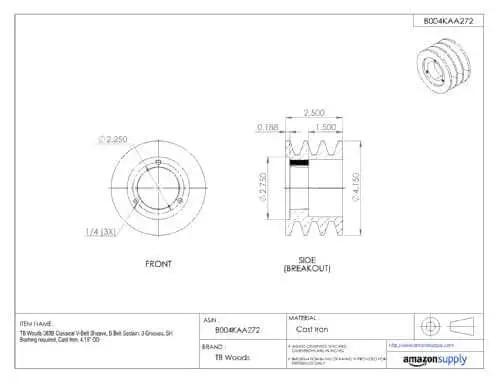 Technical drawing of Heavy Duty Classical V Belt Sheave For B Belts With Three Grooves Ductile Iron Construction 3.95 Inch OD.