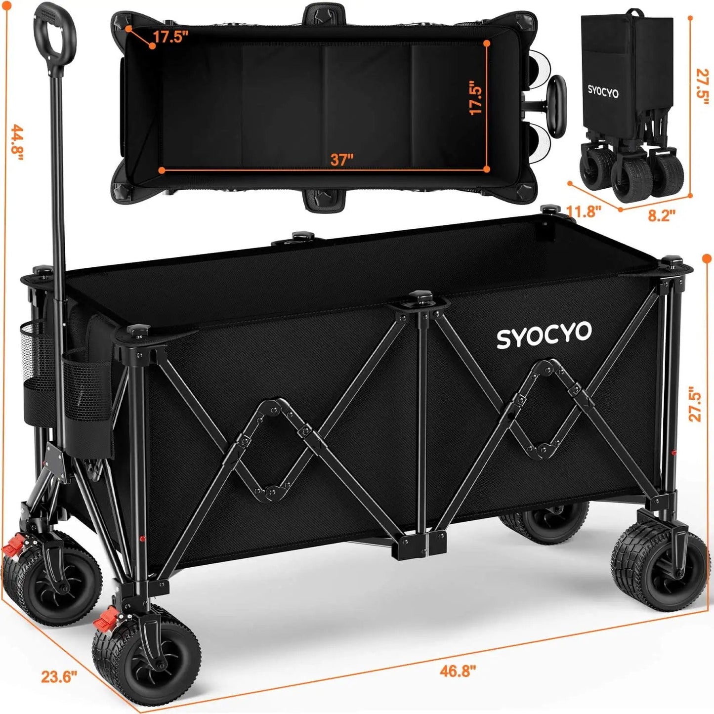 Heavy Duty Collapsible Wagon Cart With 570 Pound Capacity And Big All Terrain Wheels For Beach Camping Garden Grocery And Sports in black, showing measurements