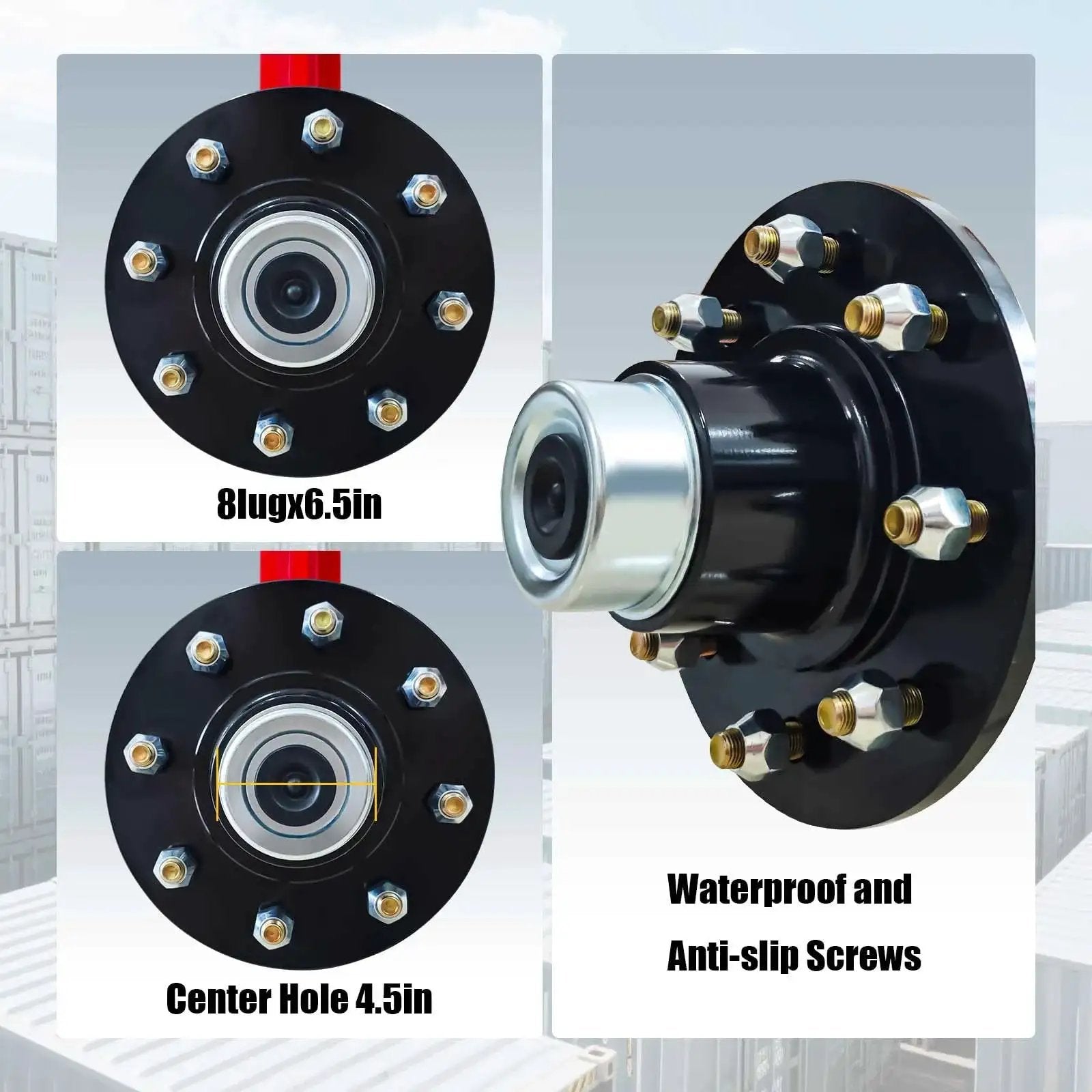 Heavy Duty Container Wheel Kit For 20ft And 40ft Empty Shipping Containers With 8 Lug Wheels, Strong Axles And Ratchet Tie Downs, Each Carrier Supports Up To 8800 Lb, Enables Easy Safe Moving Of Empty Containers Red, featuring close-up of waterproof and anti-slip screws.