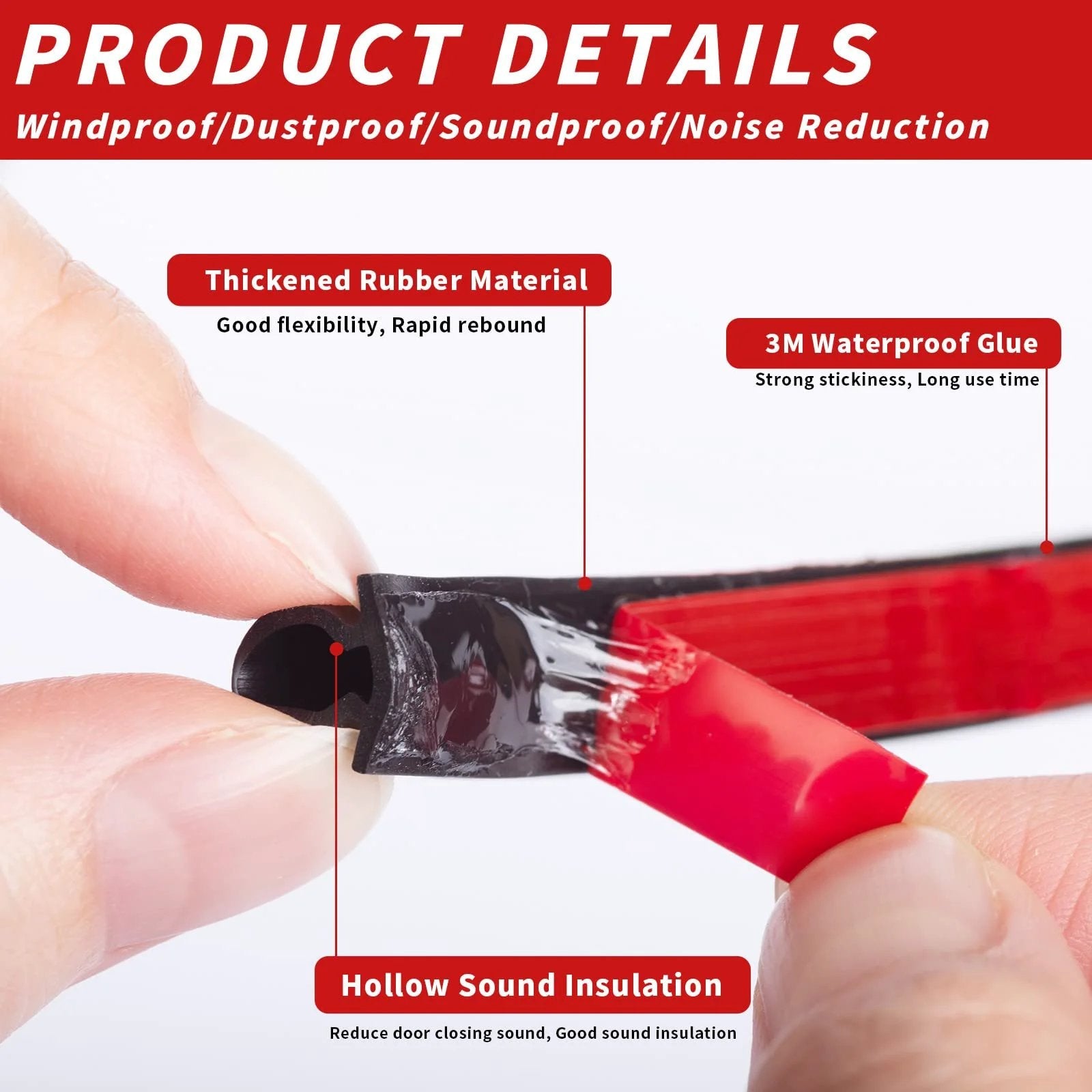 Close-up of Heavy Duty D Shape Rubber Door Weather Stripping Seal For Large Gaps Self Adhesive Backing 50 Feet with details on material and use.