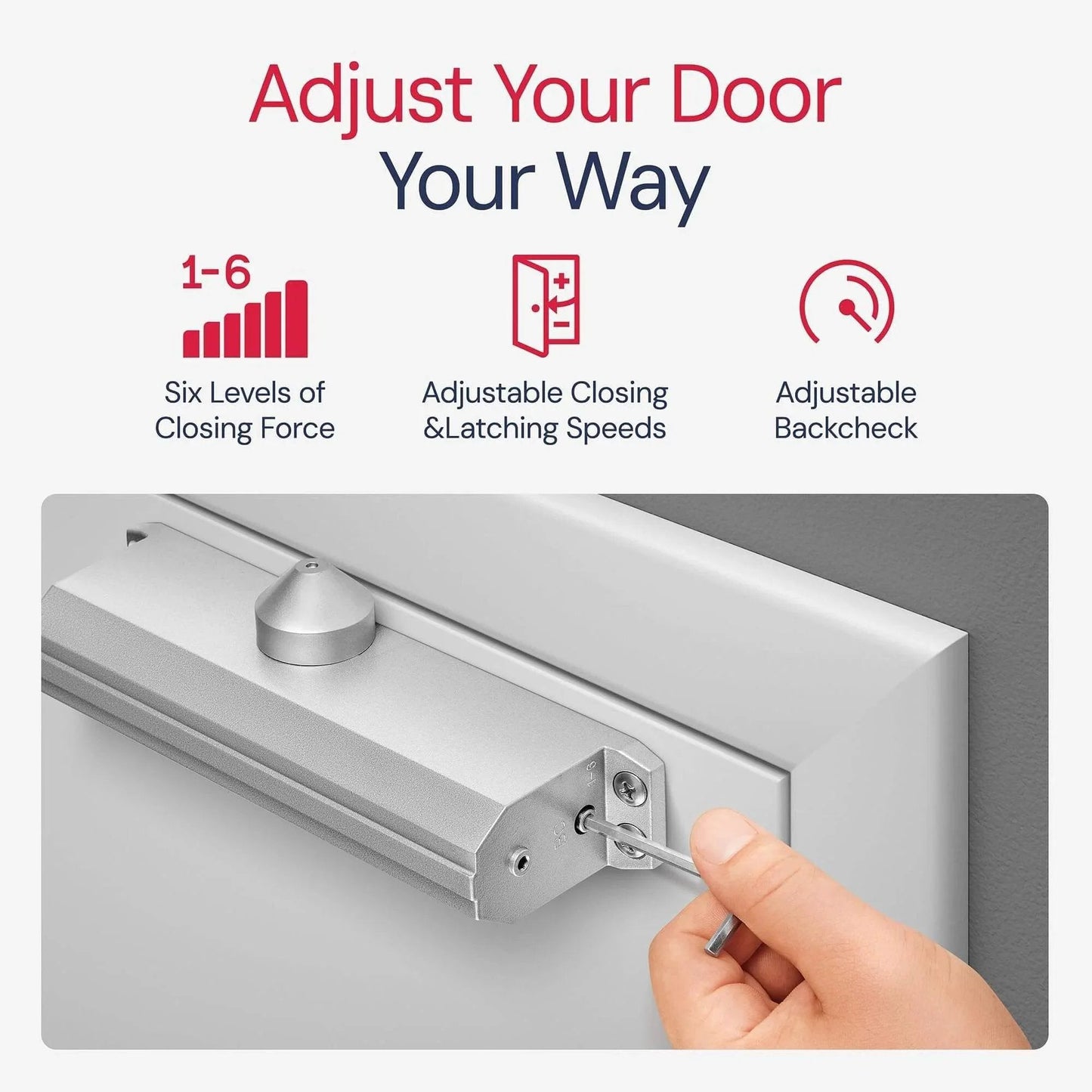 Adjustable Medium/Heavy Duty Door Closer Commercial Grade 1 - Embassy Series LH5016 being adjusted on a door.