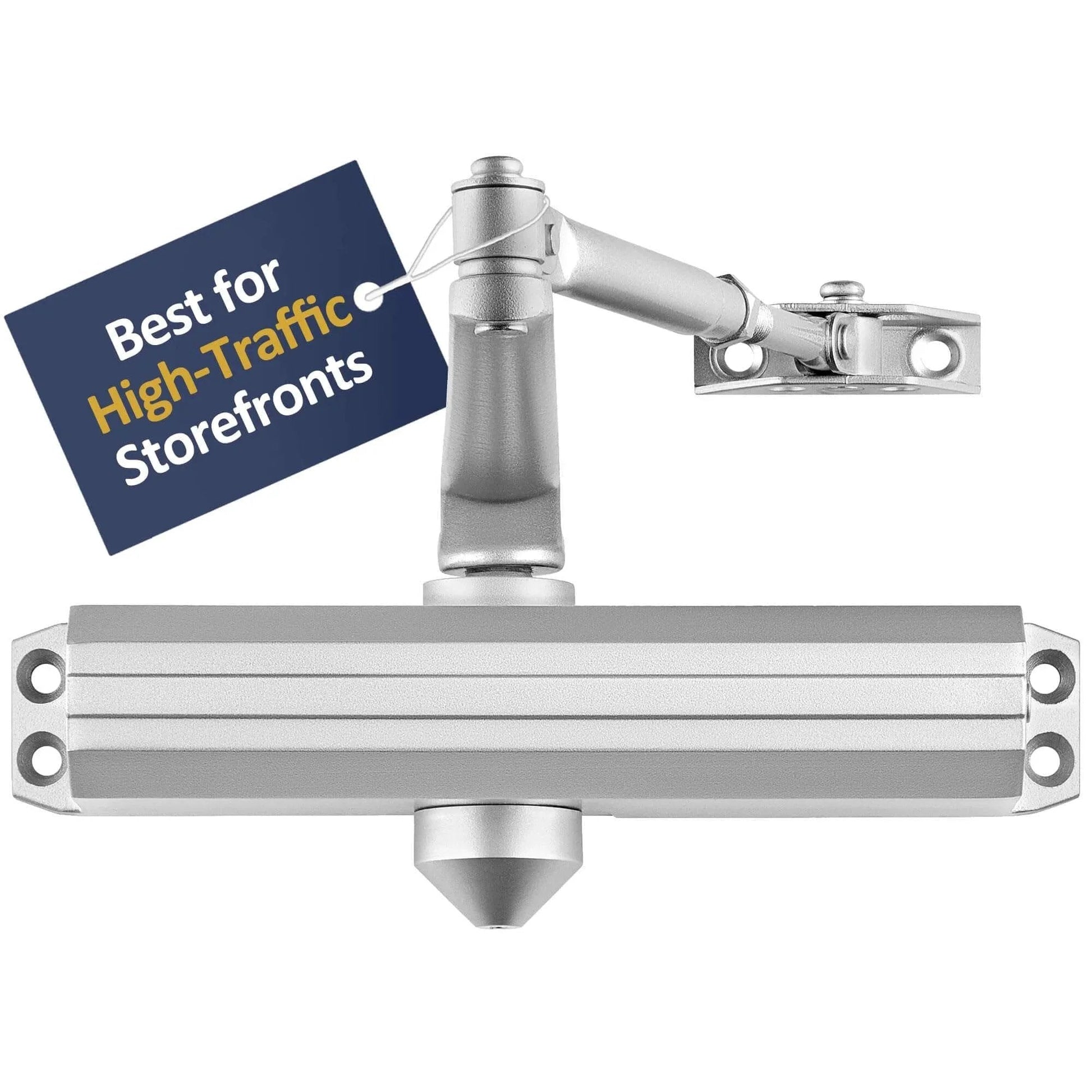 Medium/Heavy Duty Door Closer Commercial Grade 1 - Surface-Mounted Commercial Automatic Door Closer with Adjustable 6-Speed Control and 3 Valves - Embassy Series LH5016 displayed in silver, designed for high-traffic commercial use.