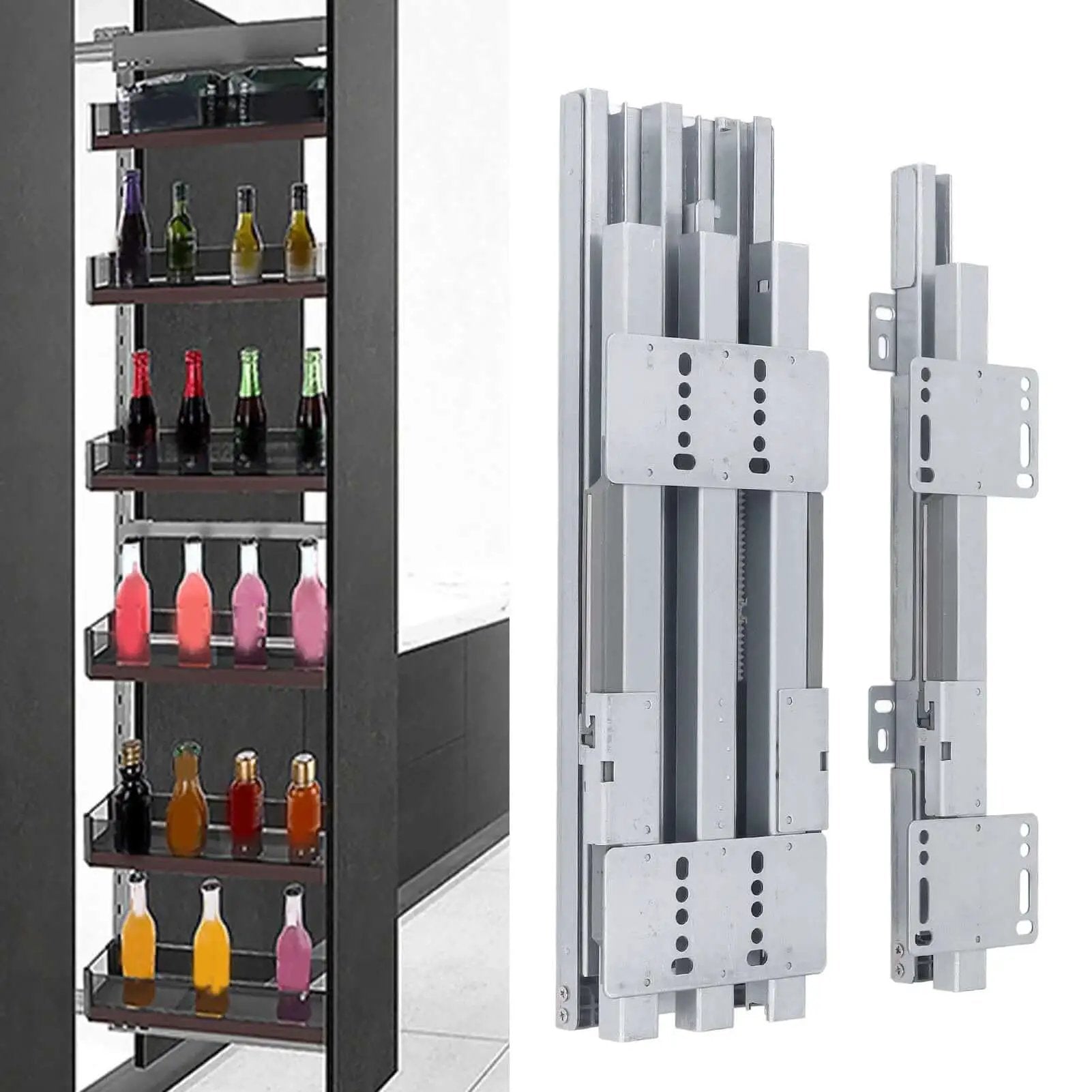 Bottom Mount Heavy Duty Drawer Slide With Pull Out Function for kitchen cabinets and closets, shown with installed wine rack.