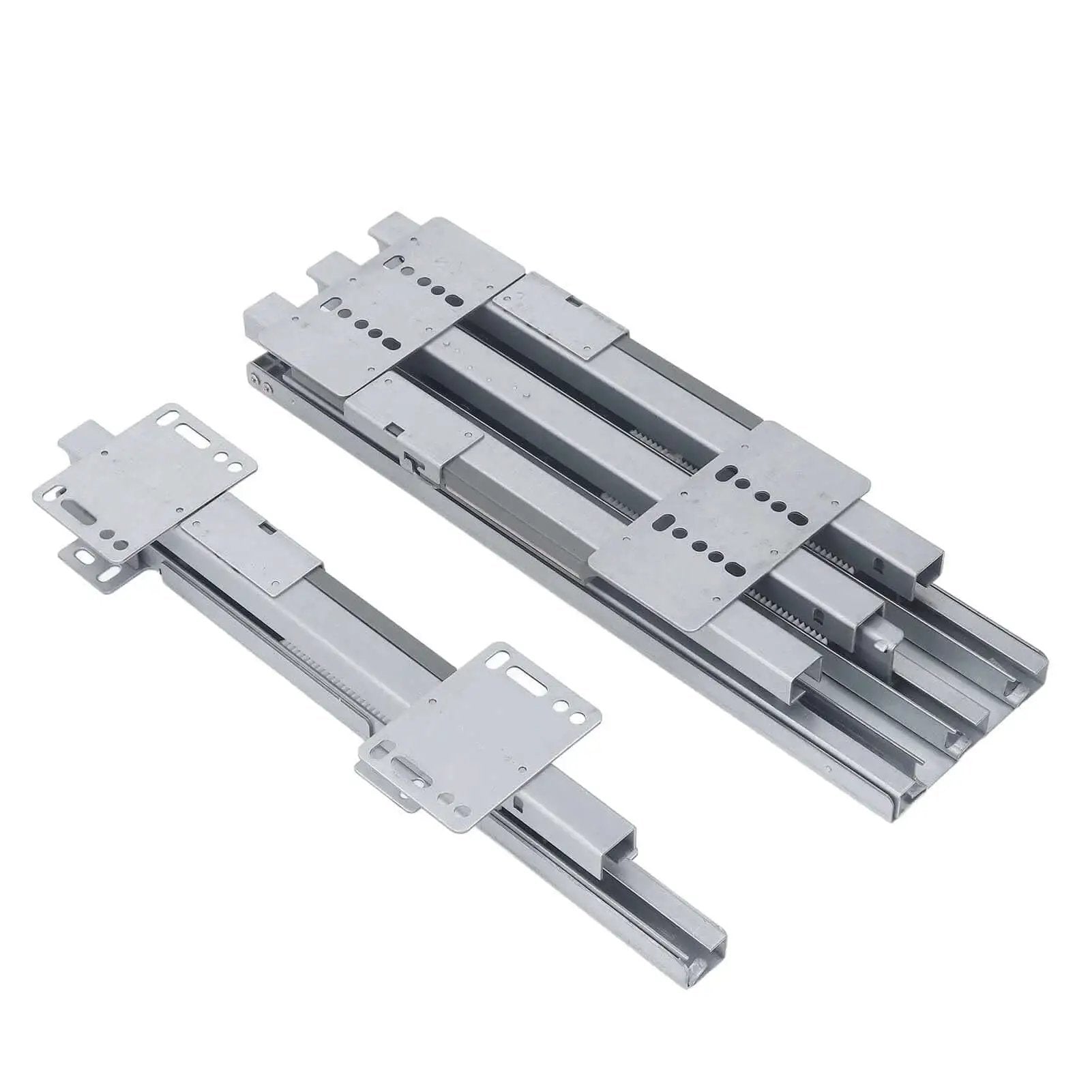 Bottom Mount Heavy Duty Drawer Slide With Pull Out Function for kitchen cabinets and closets, metal slides on white background