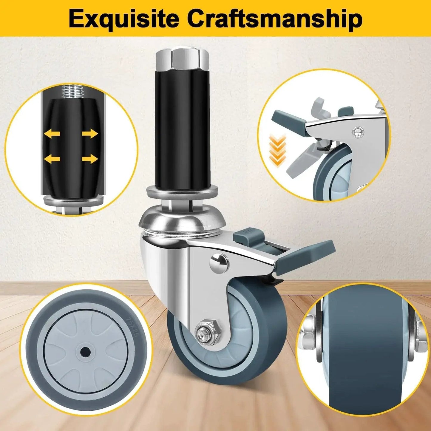 3 Inch Expanding Stem Caster Wheels Set Of 4 For Prep Tables Heavy Duty Casters with Locking Brake detail view