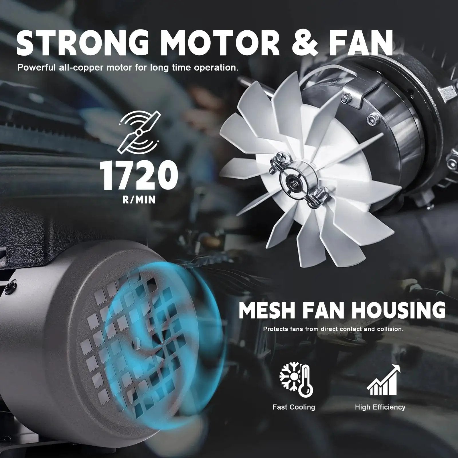 Close-up of 1720 RPM motor and fan with mesh housing for Heavy Duty Three Point Five CFM Vacuum Pump For HVAC And Auto Systems.