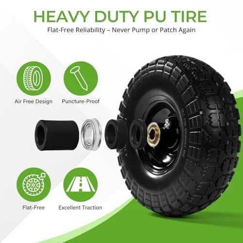 10 Inch 13 Inch and 16 Inch Flat Free PU Tire 2 Pack solid rubber replacement wheels with steel hub, showing heavy-duty design and features.
