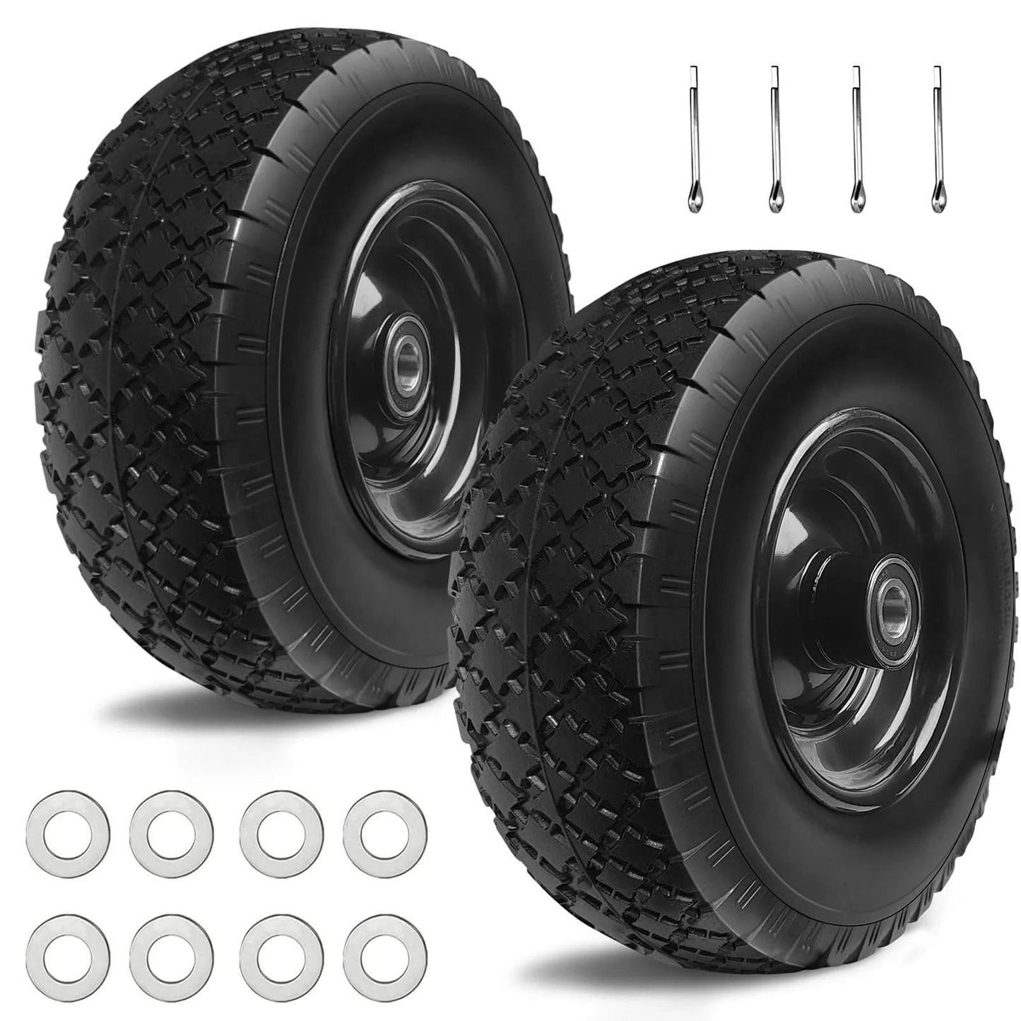 Two 12 Inch Flat Free Solid Rubber Tire and Wheel Assembly with 2.1 Inch Offset Hub and hardware for garden carts and wheelbarrows