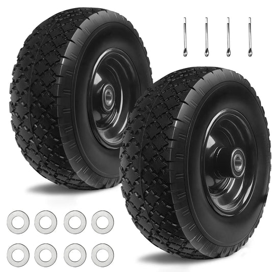 Two 12 Inch Flat Free Solid Rubber Tire and Wheel Assembly with 2.1 Inch Offset Hub and hardware for garden carts and wheelbarrows