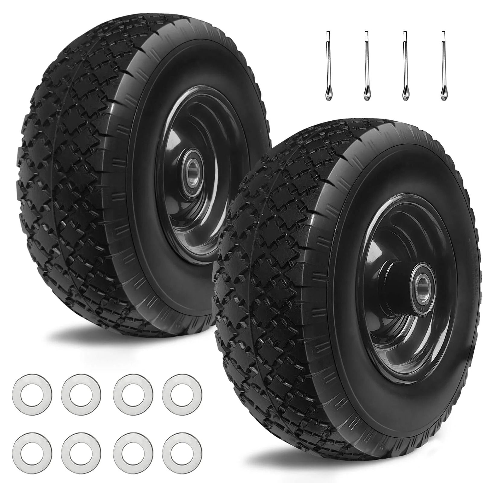 Two 12 Inch Flat Free Solid Rubber Tire and Wheel Assembly with 2.1 Inch Offset Hub and hardware for garden carts and wheelbarrows