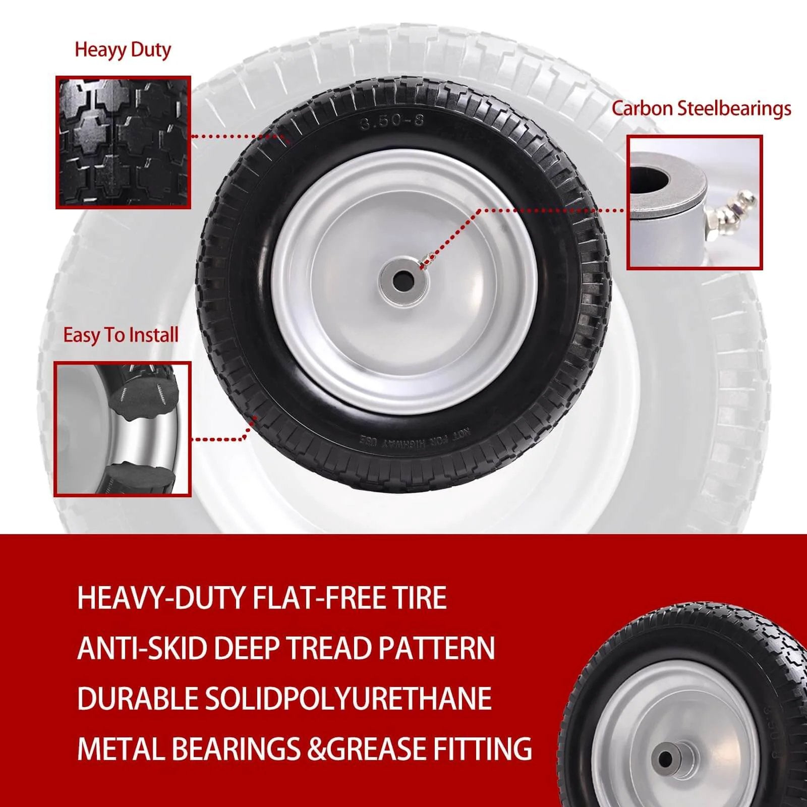 Detailed view of 14.5" wheelbarrow tire, 3.50-8" flat-free solid tire with heavy-duty tread, centered hub, and carbon steel bearings.