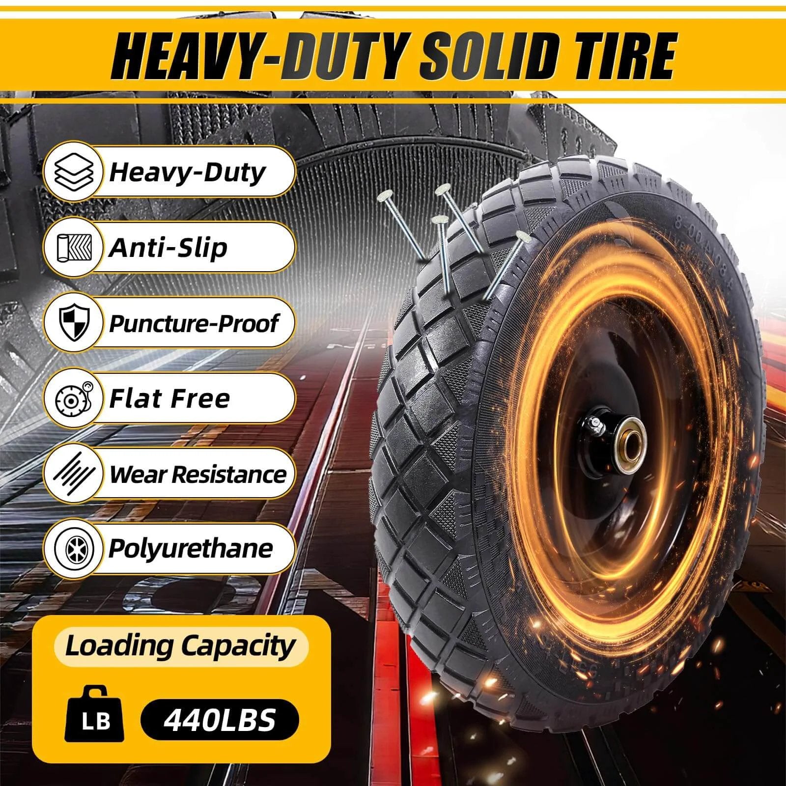4.80/4.00-8" flat free tire and wheel 15" solid wheelbarrow tires with features like anti-slip and puncture-proof capacity 440lbs