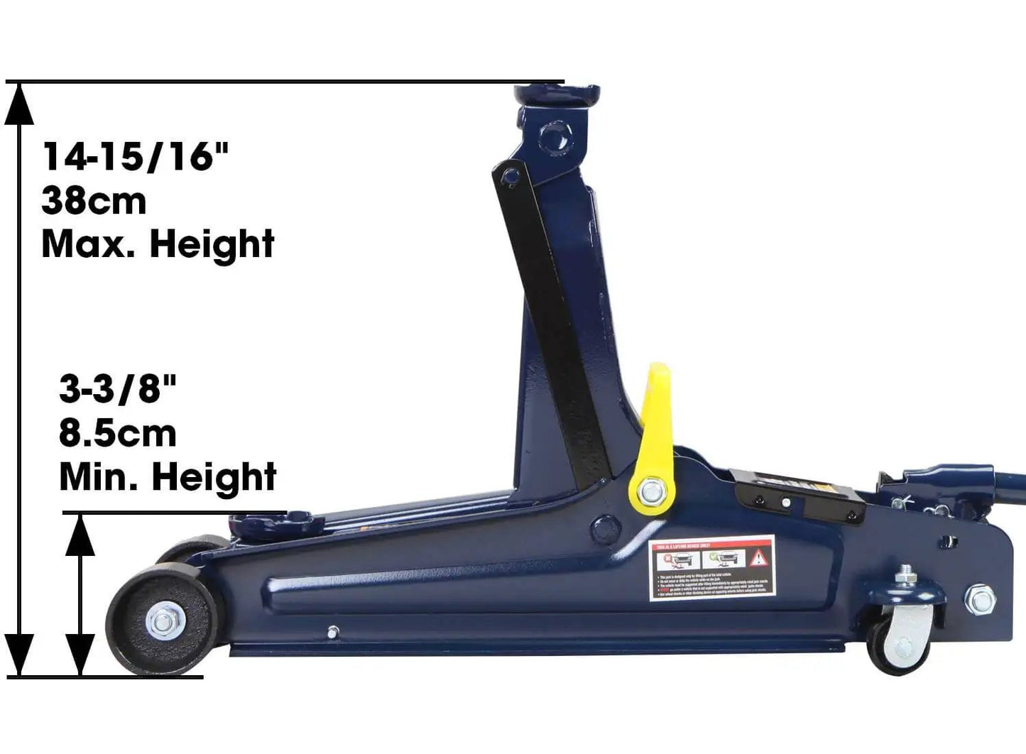 Side view of Heavy Duty Two And A Half Ton Low Profile Hydraulic Trolley Floor Jack With Quick Lift Pump And Safety Bypass For Cars Trucks And SUVs Torin Durable Steel Construction Three And One Third Inch To Fifteen Inch Lift Blue Finish.