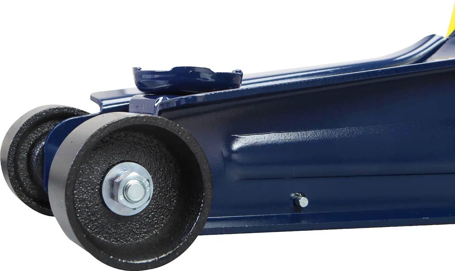 Heavy Duty Two And A Half Ton Low Profile Hydraulic Trolley Floor Jack With Quick Lift Pump And Safety Bypass for Cars Trucks and SUVs with blue finish, close-up of wheel and base.