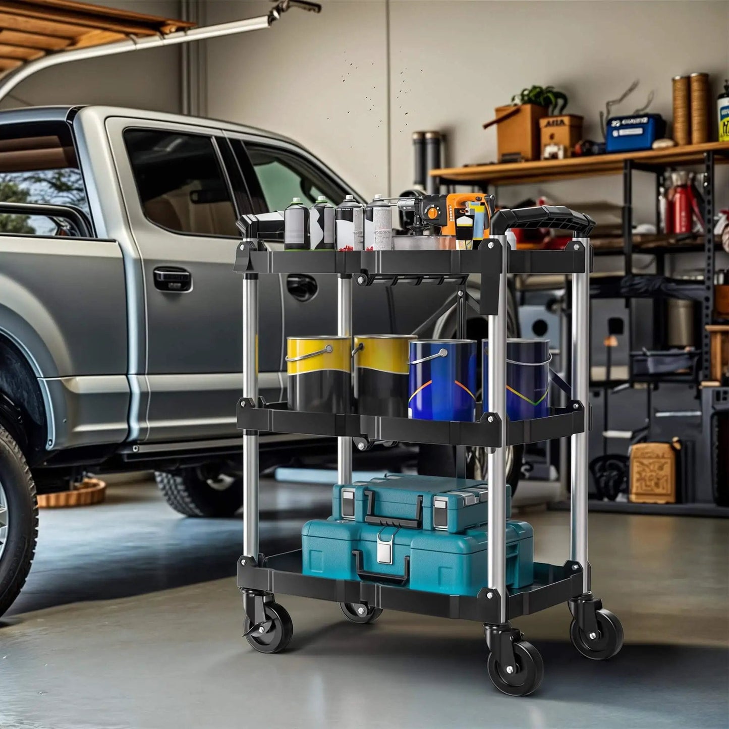 Side view of Heavy Duty Folding Utility Cart With 3 Tier Shelves DWVO 240 Lb Load Capacity Collapsible Rolling Cart in a garage