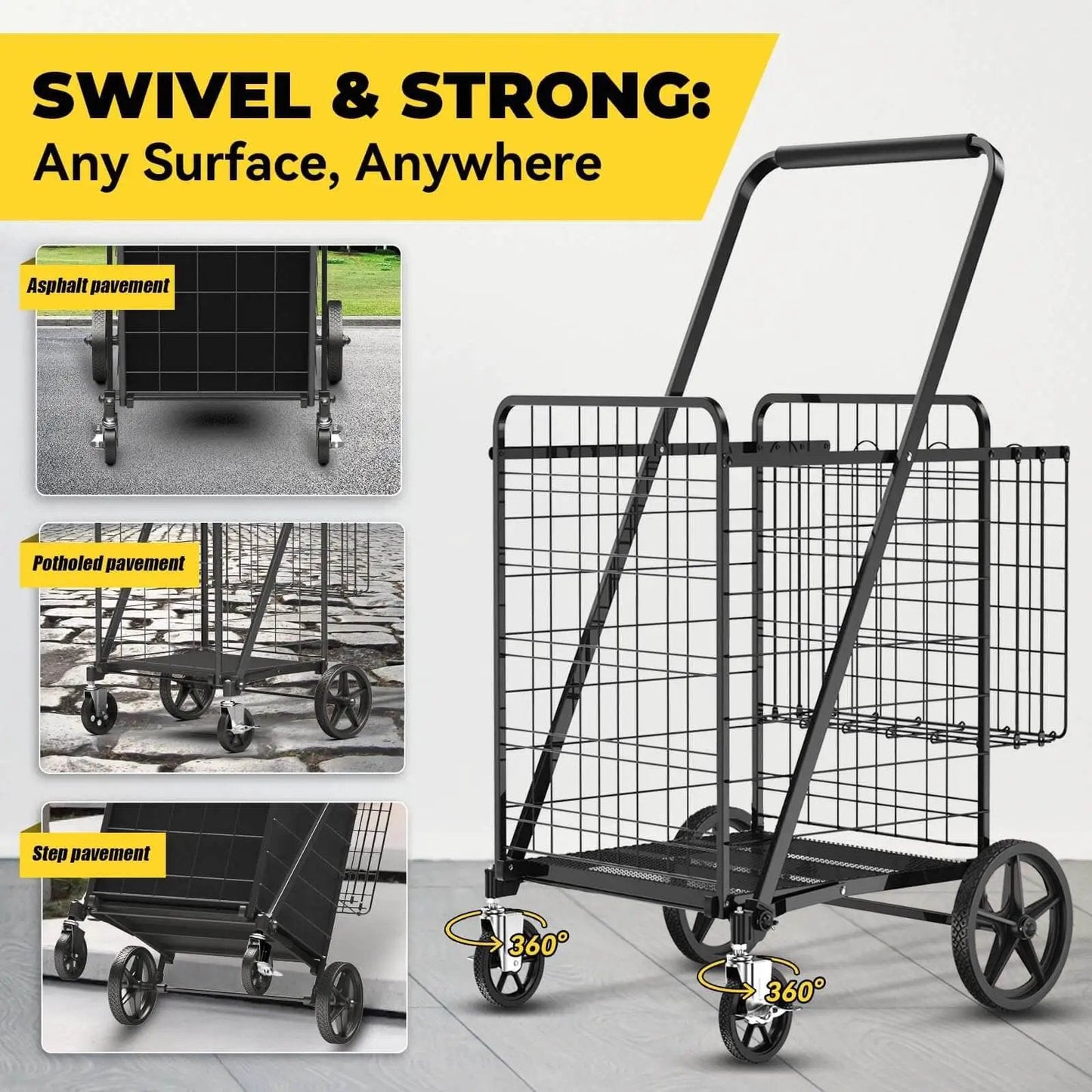 Beefy Folding Shopping Cart with 5.0 Cu Ft Capacity 480 lb Load; dual baskets; 360 degree braked swivel wheels on different surfaces.