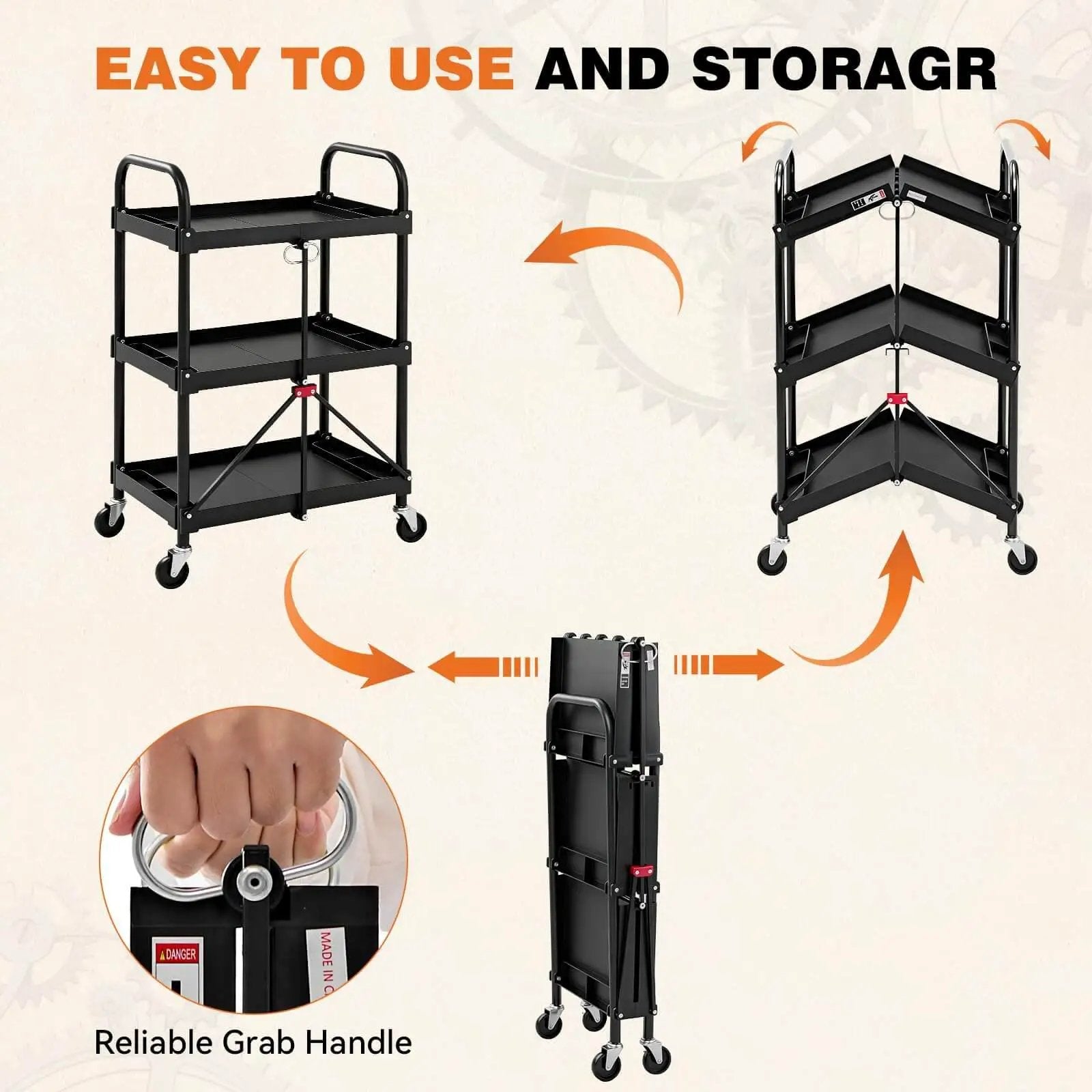 Heavy Duty Three Tier Folding Utility Cart With Four Swivel Wheels And Brakes For Kitchen Office Garage And Garden, 120 Lbs Capacity, Collapsible Rolling Storage Cart, Black From DUMOS in use and folded