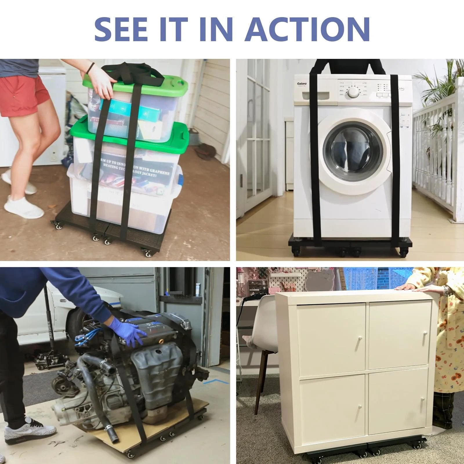 Heavy Duty Furniture Dolly 2000lbs Capacity 4 Wheel Furniture Movers with Brakes in action moving boxes, washer, engine, and cabinet
