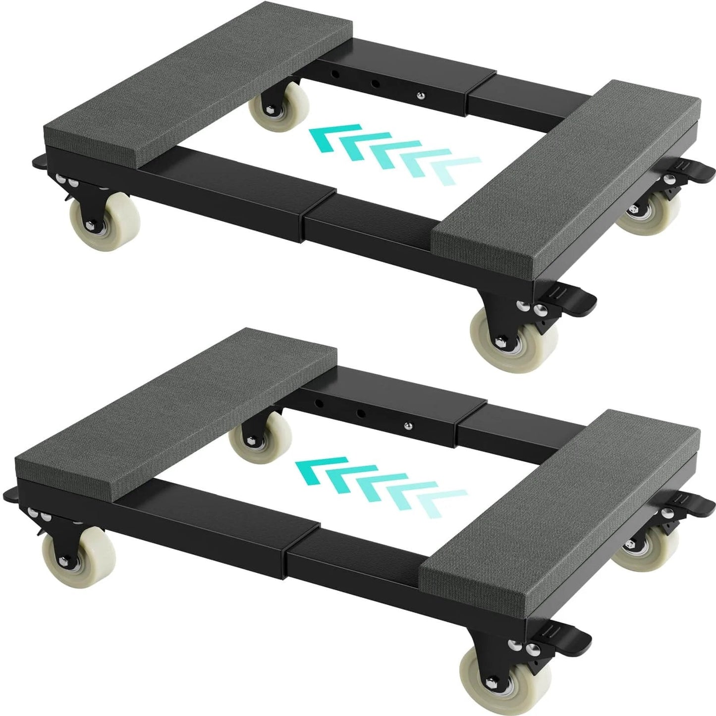Heavy duty adjustable furniture moving dolly set of 2 with 4 swivel caster wheels, wood and metal flat design, shown side by side