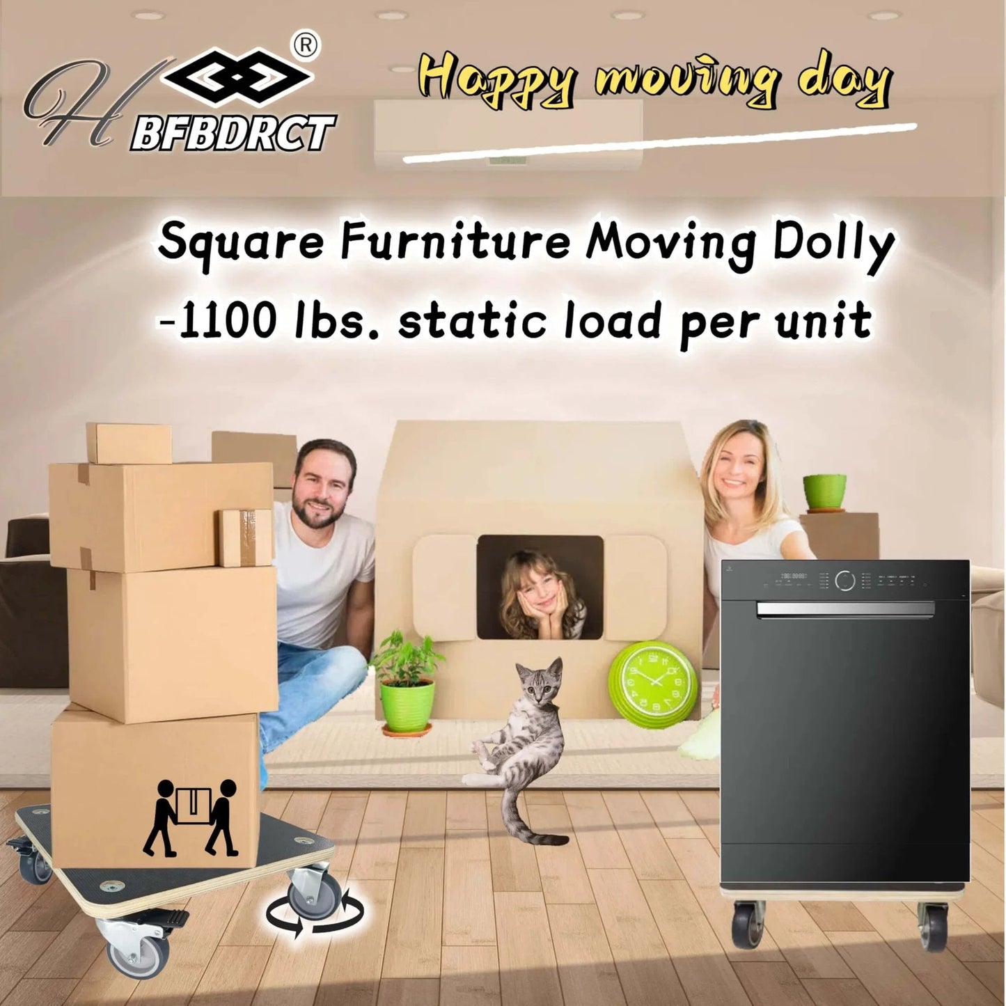 Heavy duty wood furniture moving dolly set of 2 with phenolic resin plywood platform, featuring happy movers with boxes and a dishwasher