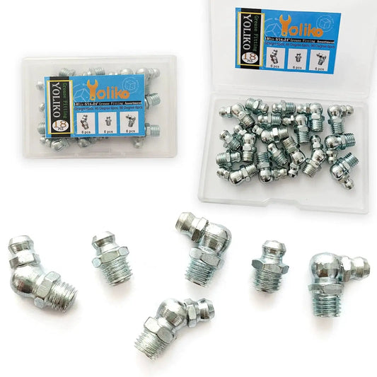 Heavy Duty Grease Fitting Assortment Kit With Eighteen Five Sixteenths By Twenty Four UNF Zerk Fittings, galvanized steel, Yoliko