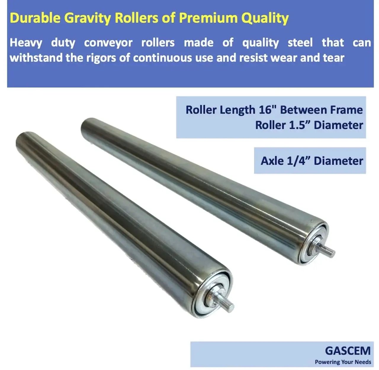 Set Of 2 Heavy Duty Galvanized Steel Conveyor Rollers For Roller Conveyor Systems 16 Inch Between Frame Length One And A Half Inch Diameter