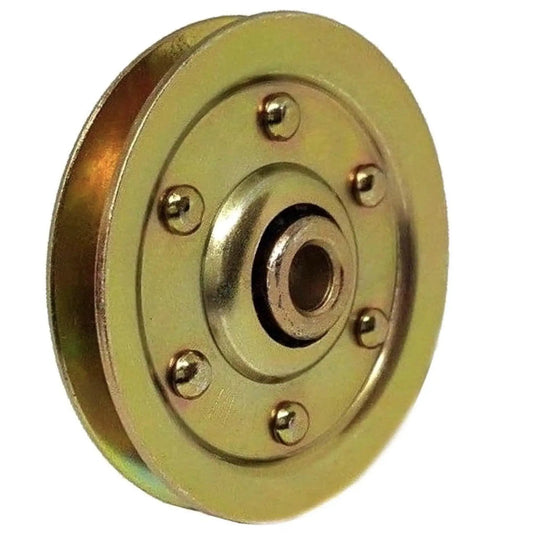 Close-up of 3-inch steel sheave pulley for garage doors, part of 2 Pack 3 Inch Heavy Duty Sheave Pulleys Replacement for Garage Doors.