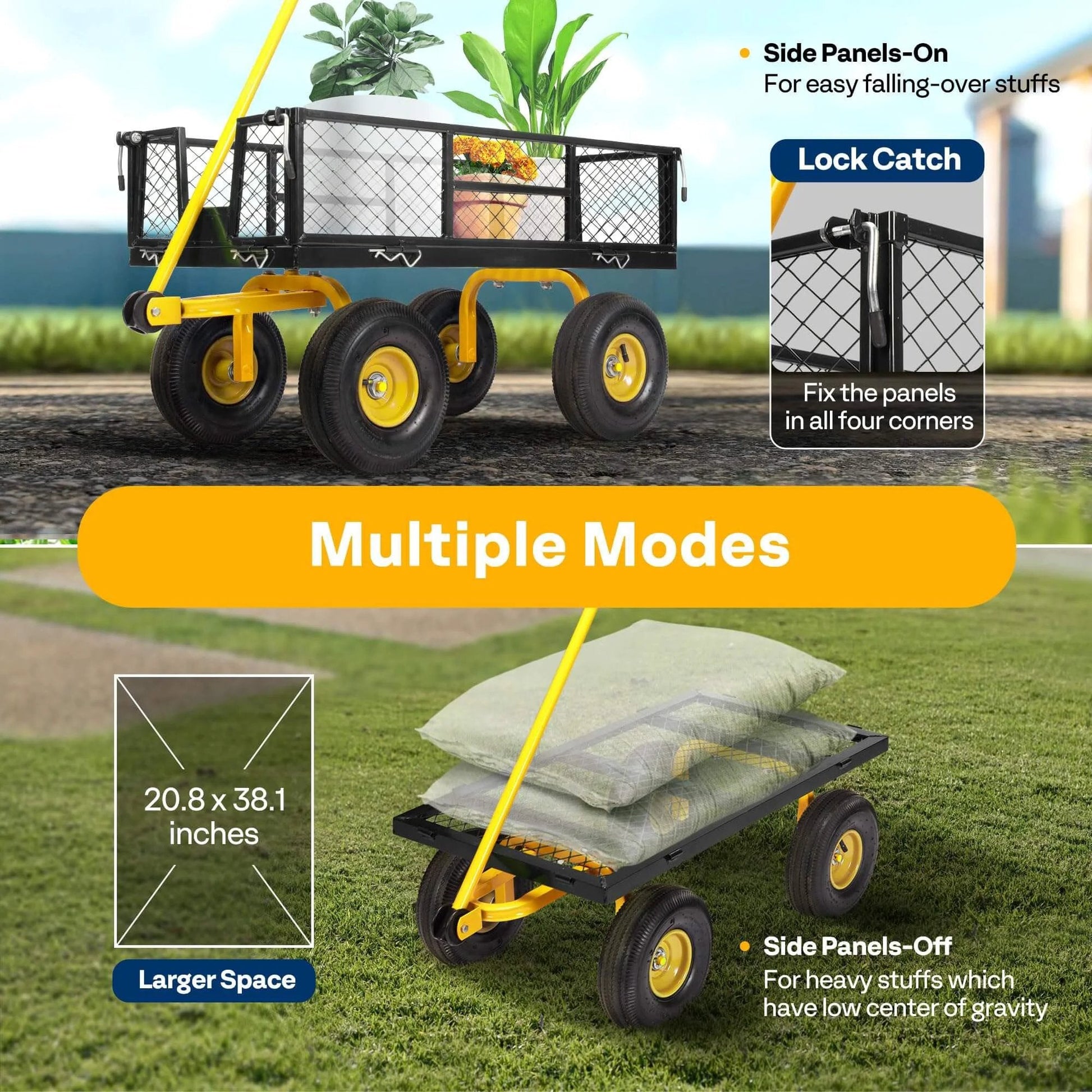 Heavy Duty Mesh Steel Garden Cart with 880 lb capacity; adjustable sides for versatile use and 10 inch pneumatic wheels.