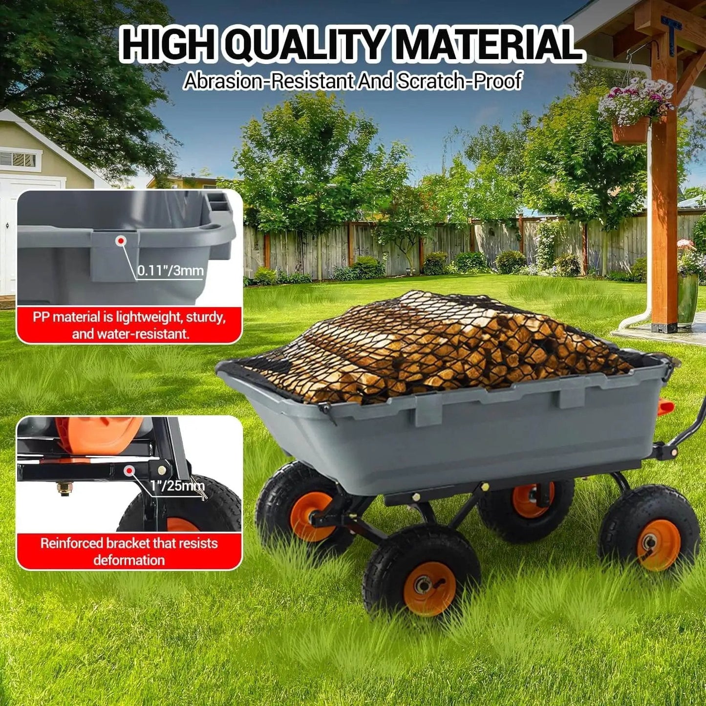 Heavy Duty Garden Dump Cart For Outdoors 800 Lb Capacity With Quick Release Dump And 10 Inch Flat Free All Terrain Wheels Utility Wagon For Soil Mulch Plants And Tools Grey, shown with wood load and label highlighting abrasion resistance and scratch-proof material in garden