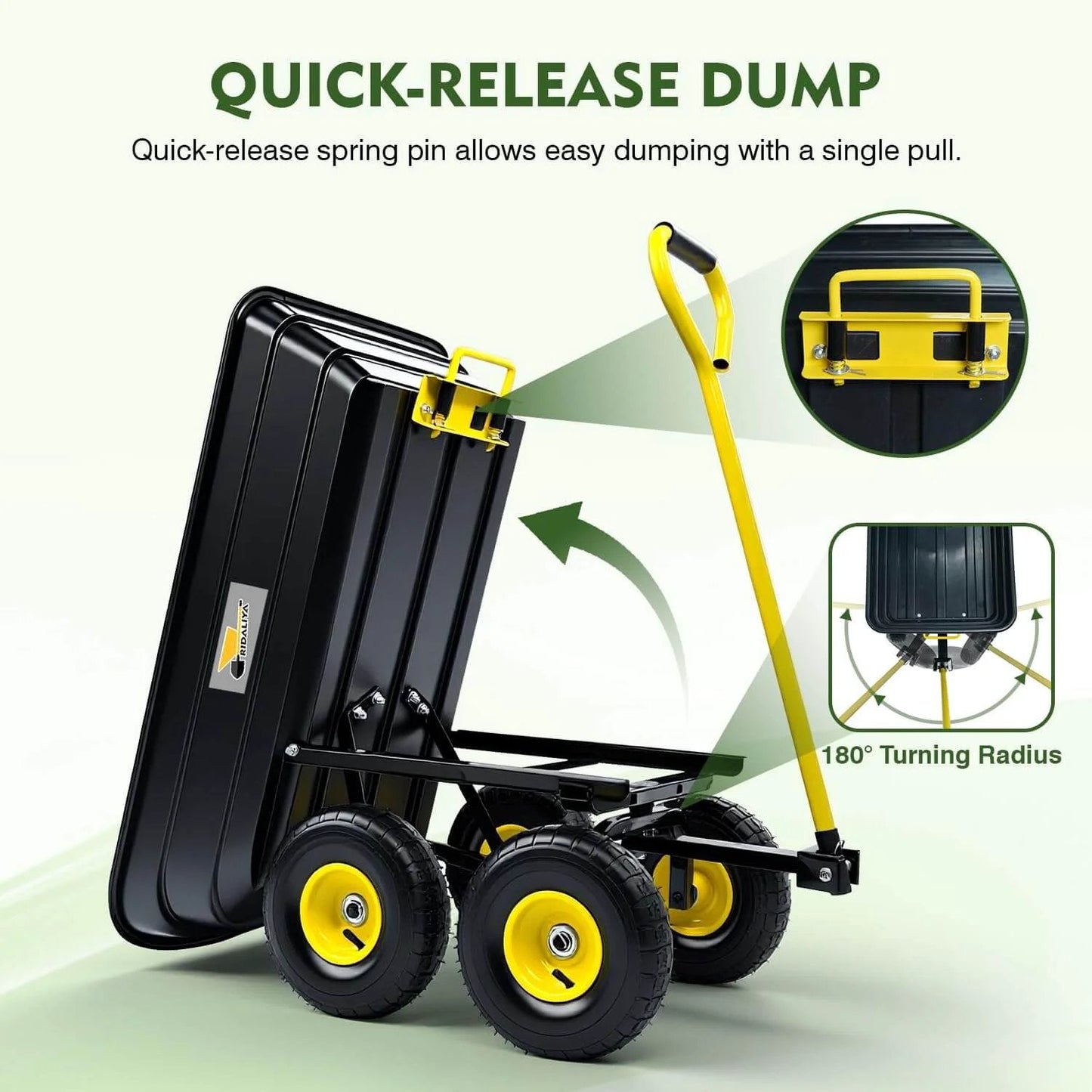 Heavy Duty Garden Dump Cart Utility Wagon with 600 LB Capacity showing quick-release dump feature and yellow handle