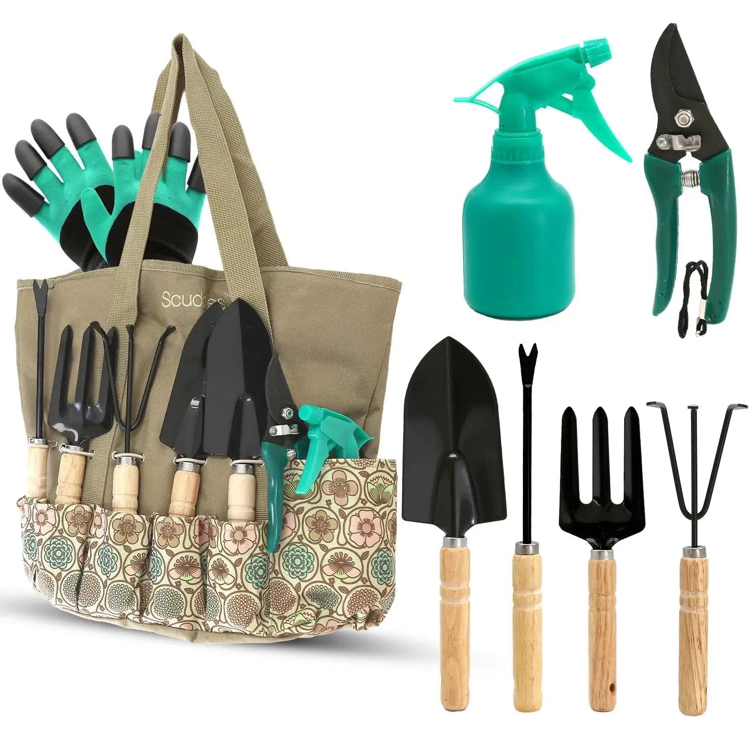Heavy Duty Garden Tool Set With Stainless Steel Hand Tools Non Slip Rubber Grip Wooden Handles Claw Gloves Reinforced Tote