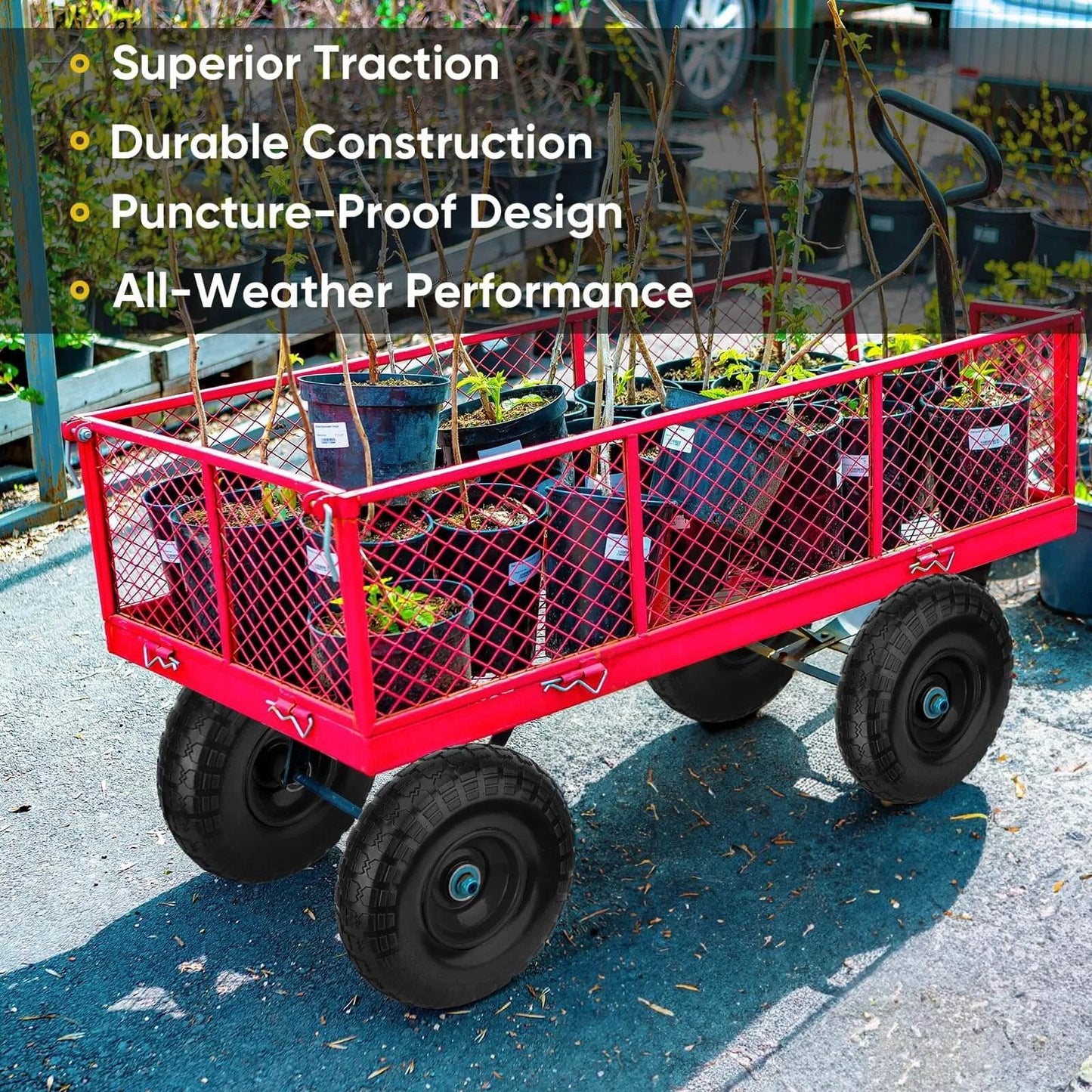 4.00-6 Flat Free Tire and Wheel Set, 13 Inch Solid Tires 4 Pack on a red garden cart, featuring heavy-duty PU foam wheels.