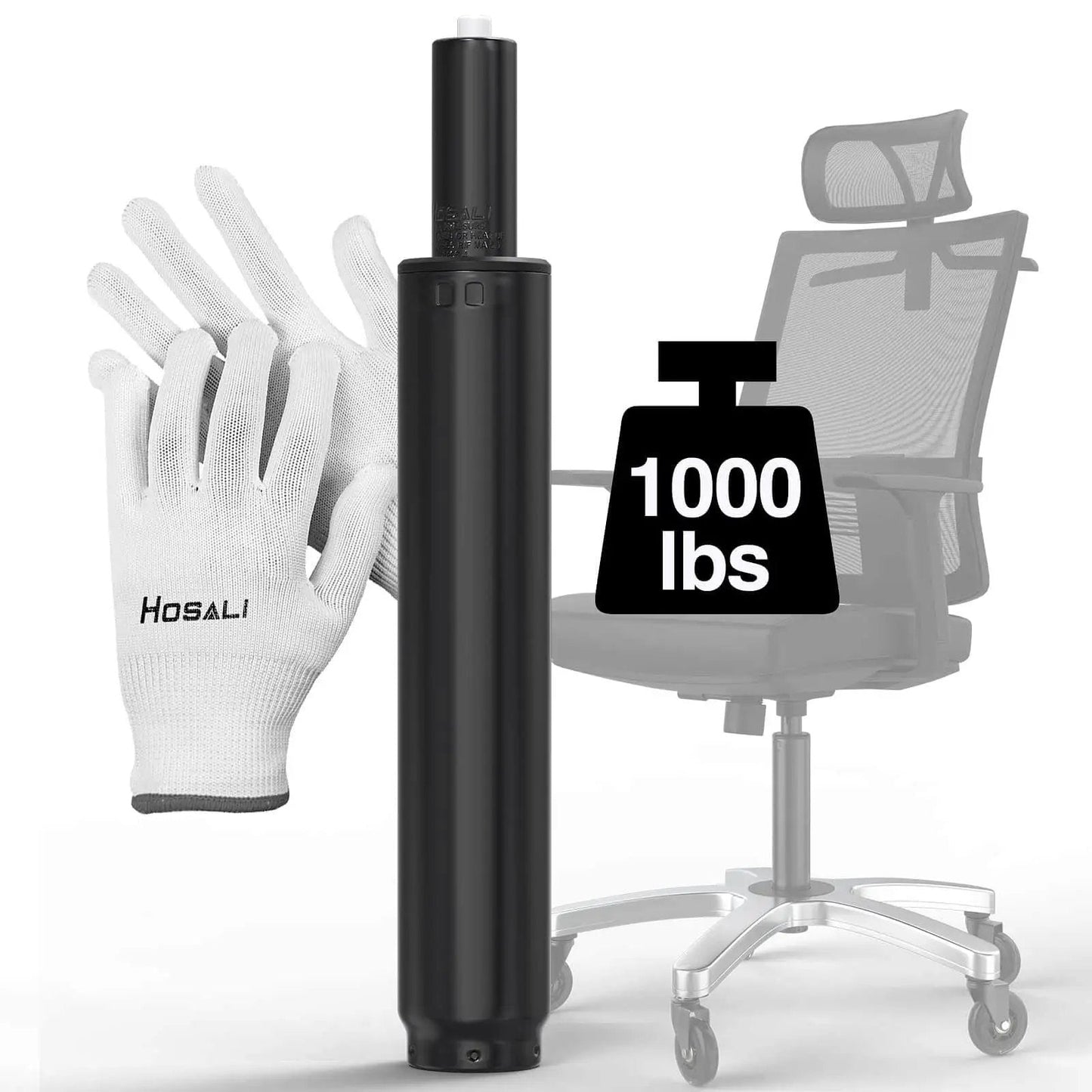 Heavy Duty Gas Lift Office Chair Cylinder Replacement For Most Chairs Universal Size Fits 50mm Center Hole Class 4 Hydraulic Piston For Task And Executive Chairs HOSALI Replacement Parts with gloves and office chair in background