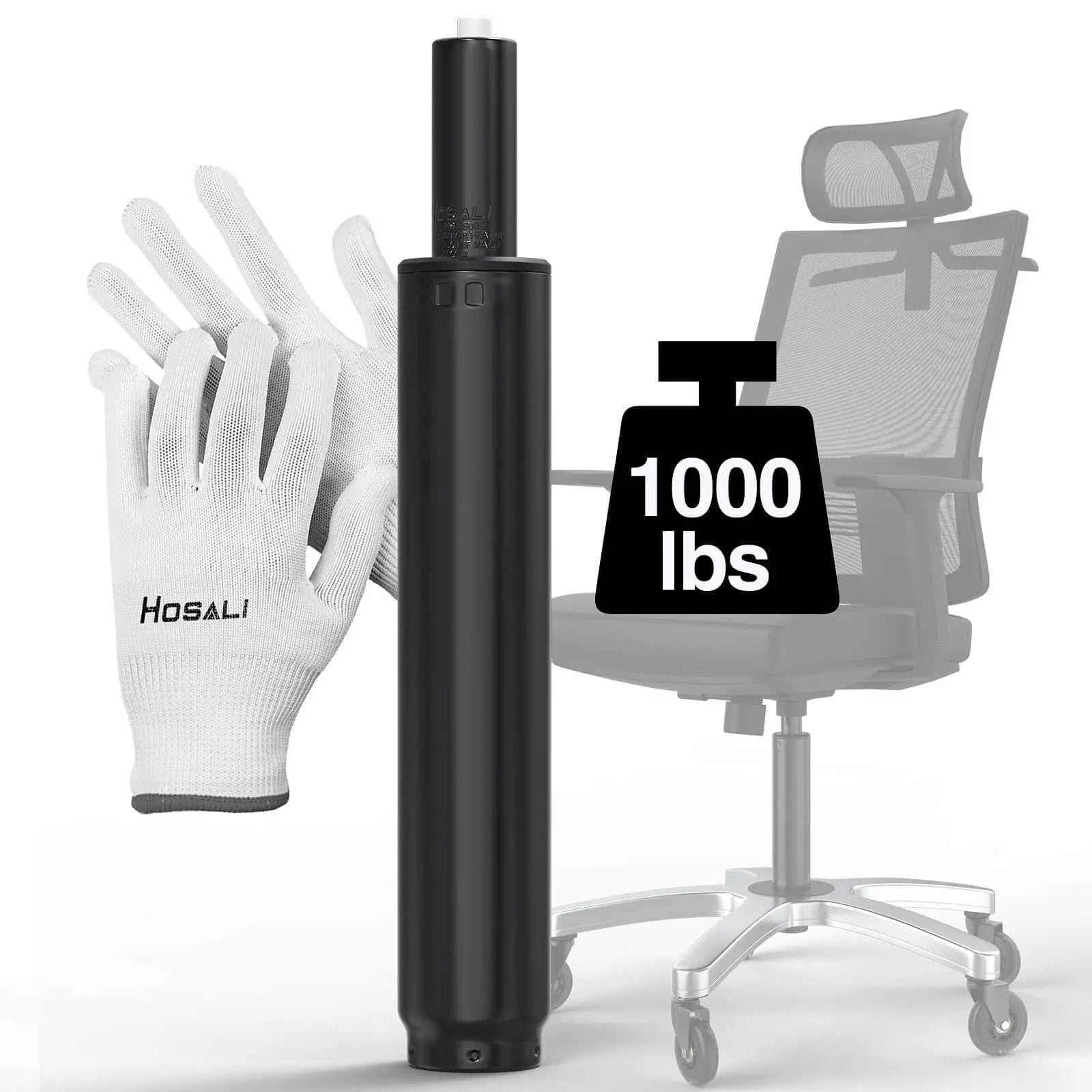 Heavy Duty Gas Lift Office Chair Cylinder Replacement For Most Chairs Universal Size Fits 50mm Center Hole Class 4 Hydraulic Piston For Task And Executive Chairs HOSALI Replacement Parts with gloves and office chair in background