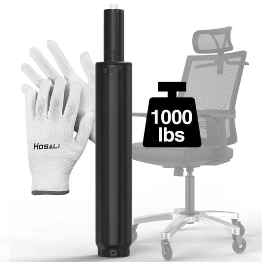 Heavy Duty Gas Lift Office Chair Cylinder Replacement For Most Chairs Universal Size Fits 50mm Center Hole Class 4 Hydraulic Piston For Task And Executive Chairs HOSALI Replacement Parts with gloves and office chair in background