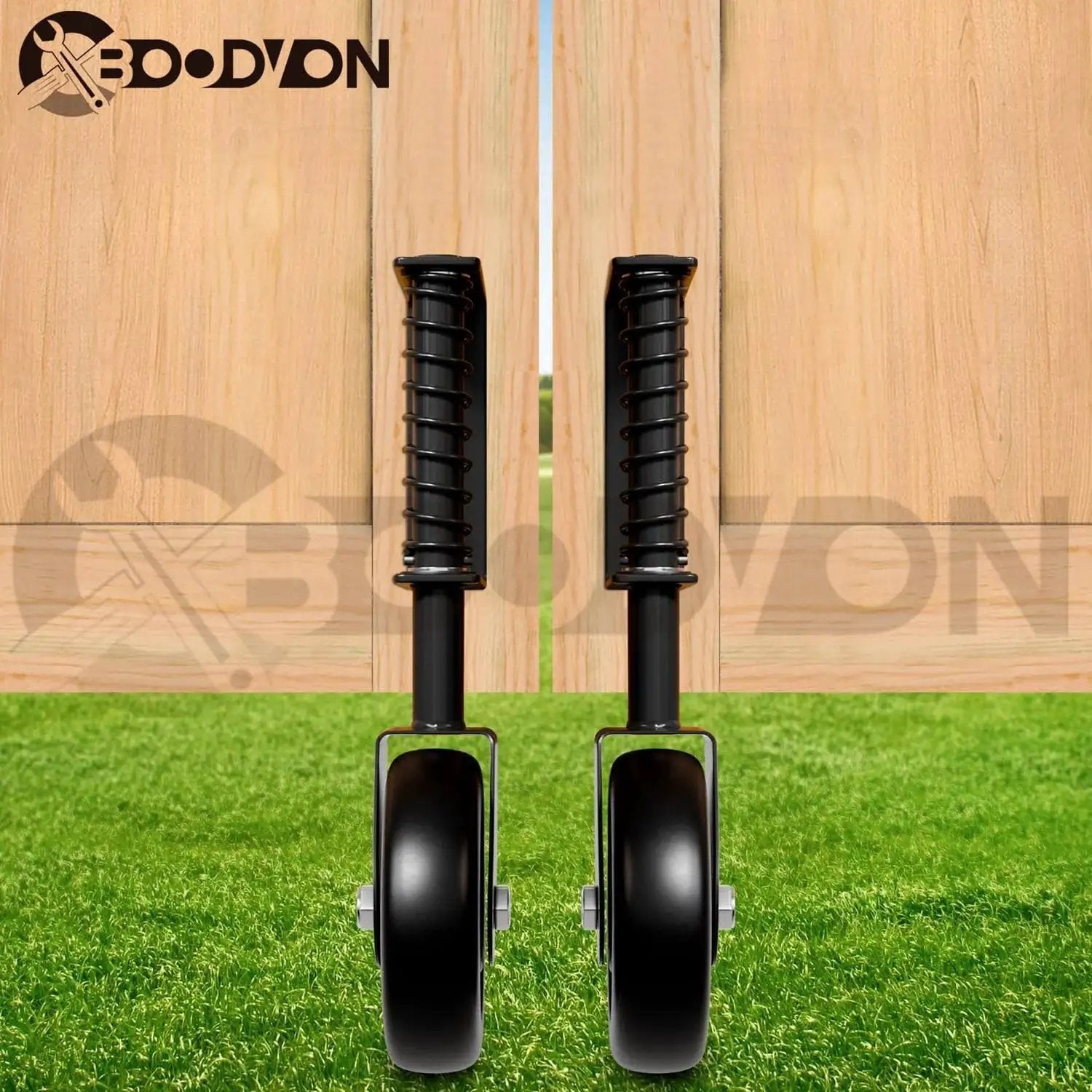 4.3 Inch Heavy Duty Gate Caster With Bearing And Spring Loaded Gate Wheel, 360 Degree Rotation, black wheels installed on gate